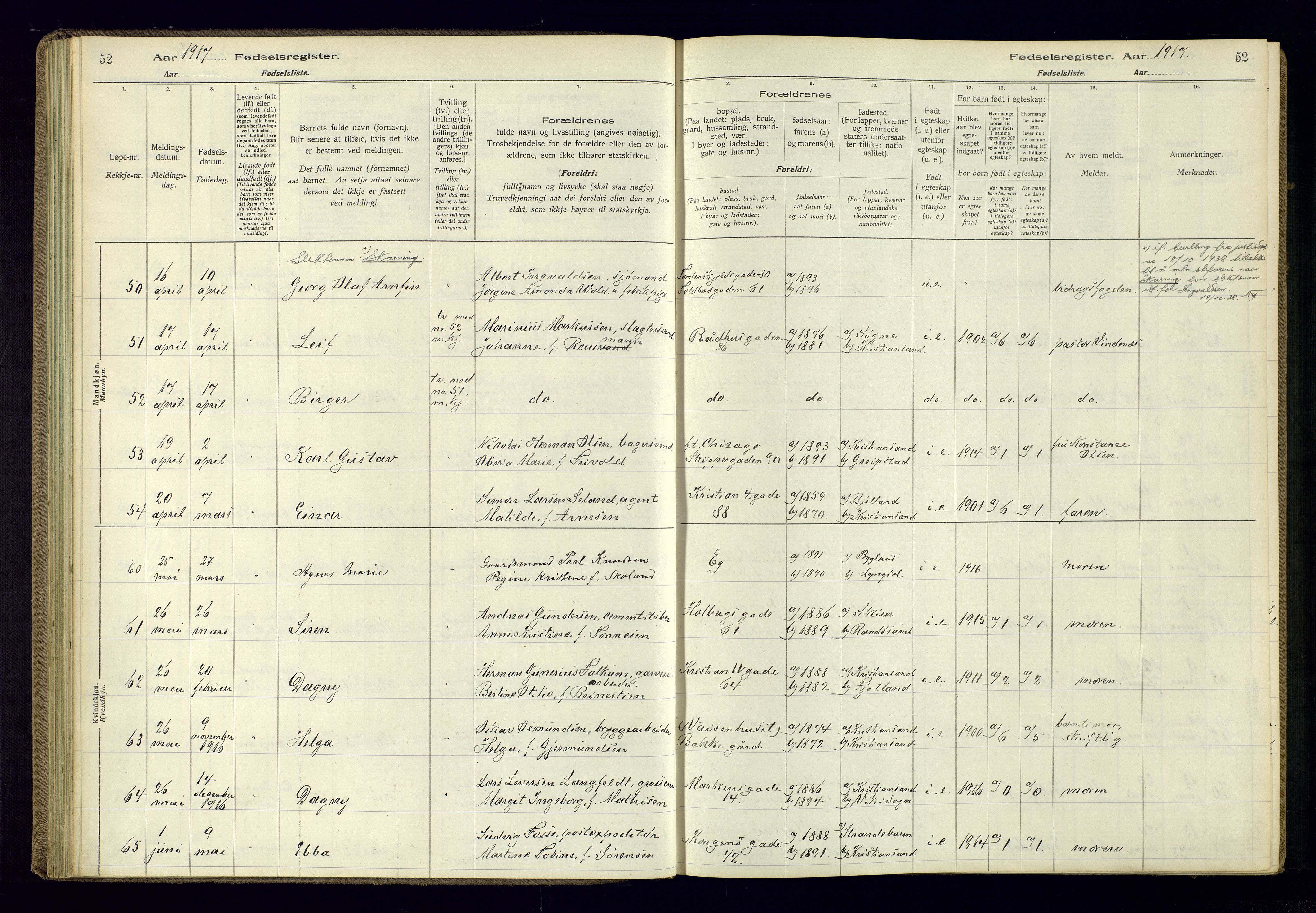 Kristiansand domprosti, AV/SAK-1112-0006/J/Jc/L0001: Birth register no. A-VI-45, 1916-1921, p. 52