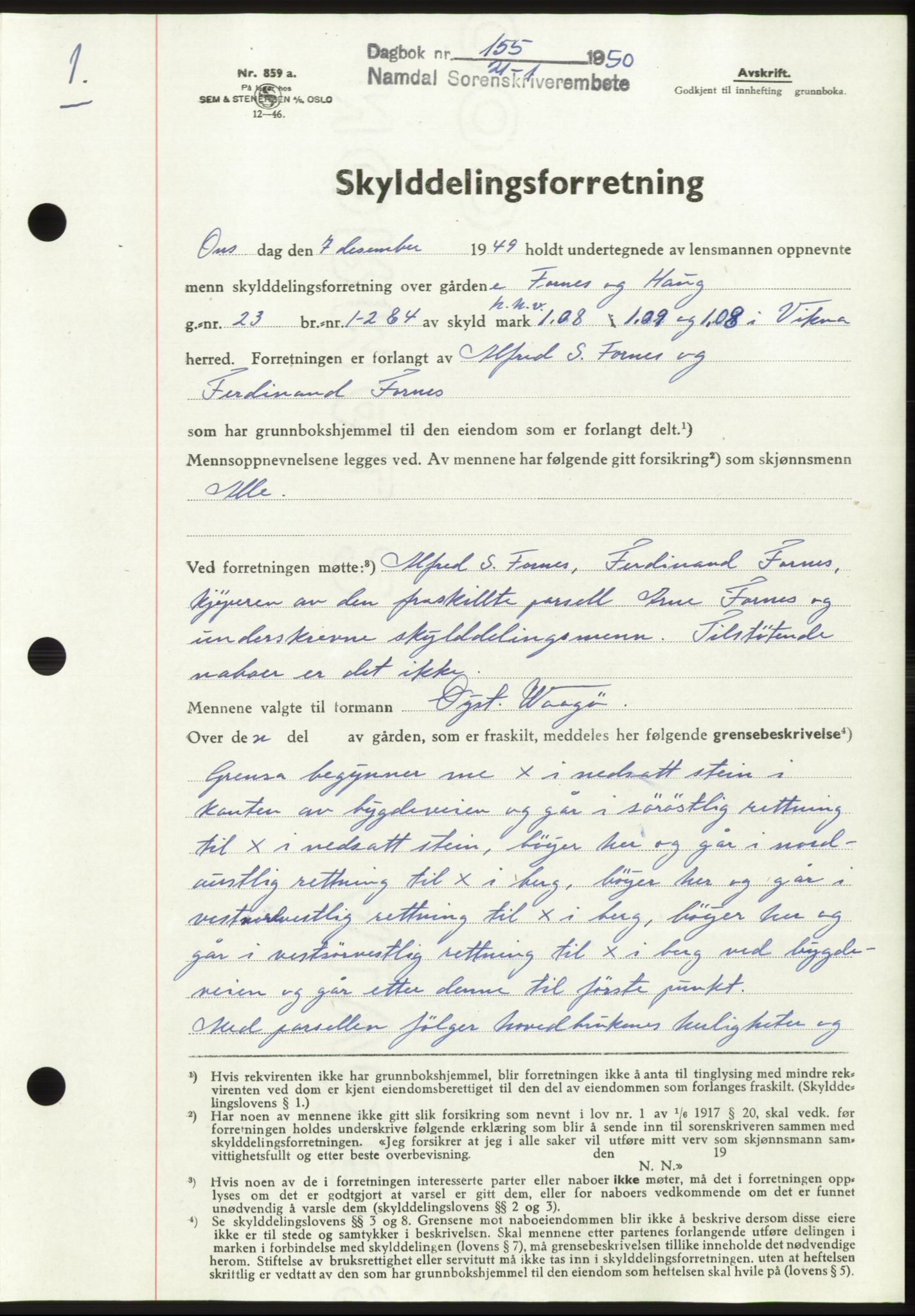 Namdal sorenskriveri, AV/SAT-A-4133/1/2/2C: Mortgage book no. -, 1950-1950, Diary no: : 155/1950