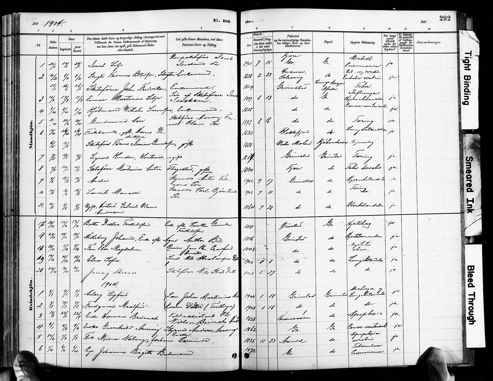 Grimstad sokneprestkontor, AV/SAK-1111-0017/F/Fb/L0001: Parish register (copy) no. B 1, 1881-1922, p. 292