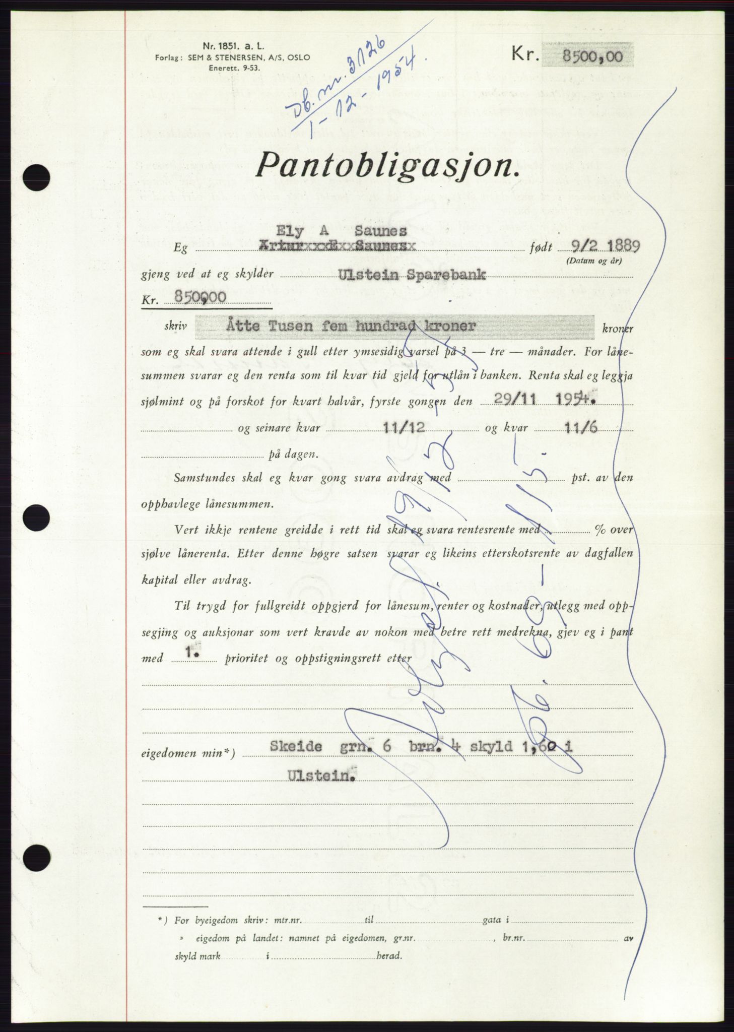 Søre Sunnmøre sorenskriveri, AV/SAT-A-4122/1/2/2C/L0126: Mortgage book no. 14B, 1954-1955, Diary no: : 3126/1954