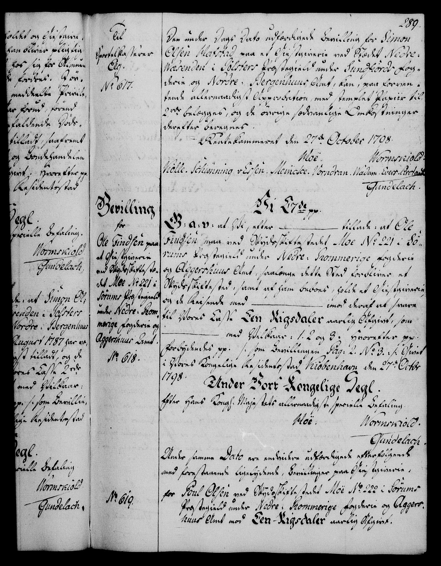 Rentekammeret, Kammerkanselliet, AV/RA-EA-3111/G/Gg/Gga/L0016: Norsk ekspedisjonsprotokoll med register (merket RK 53.16), 1794-1800, p. 289