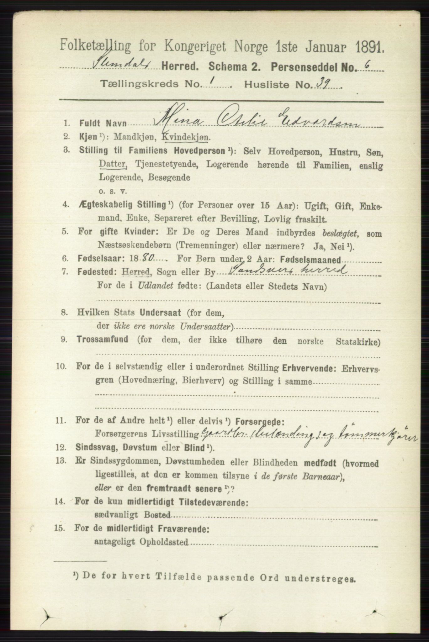 RA, 1891 census for 0811 Slemdal, 1891, p. 291