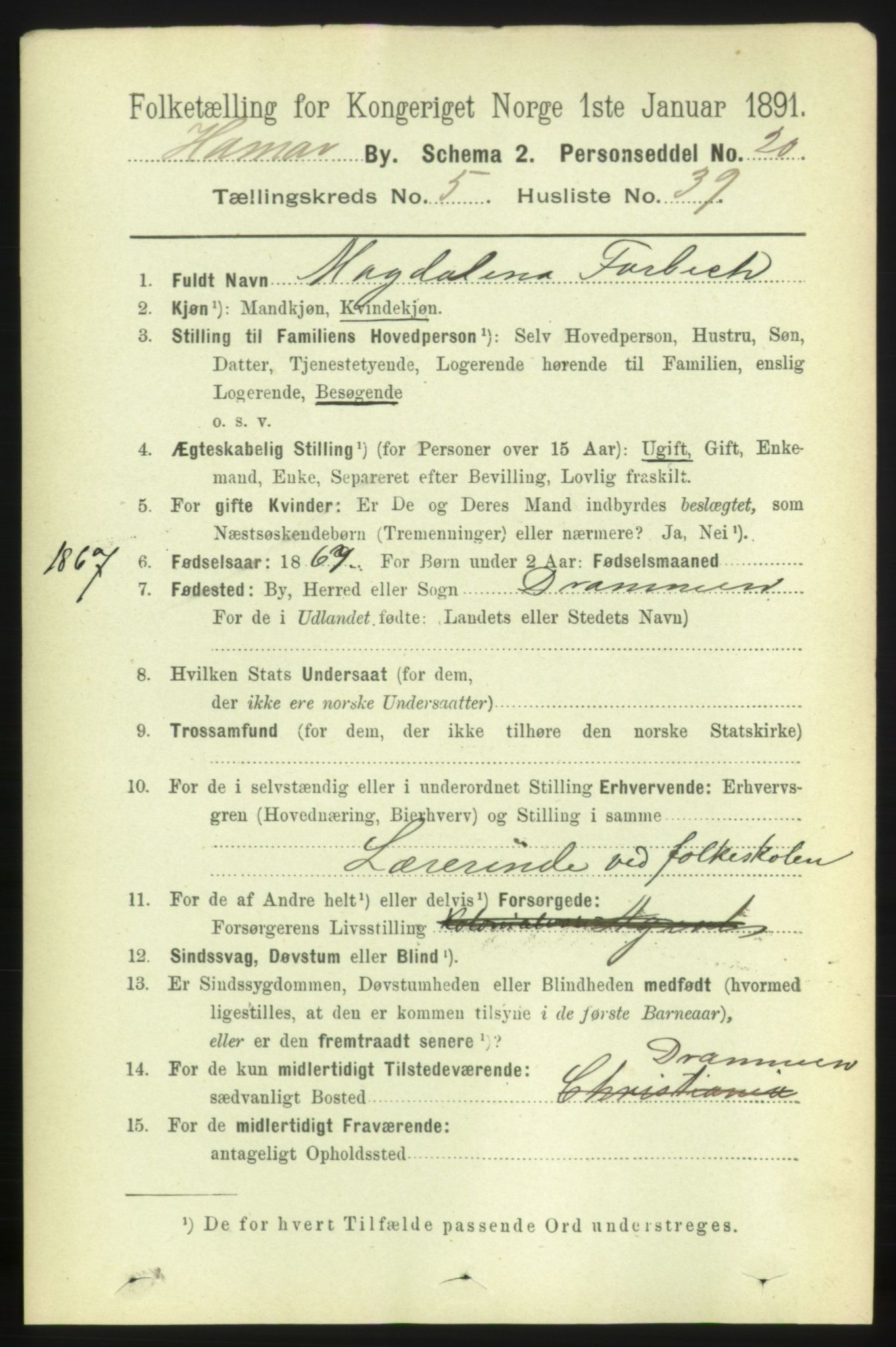 RA, 1891 census for 0401 Hamar, 1891, p. 4323