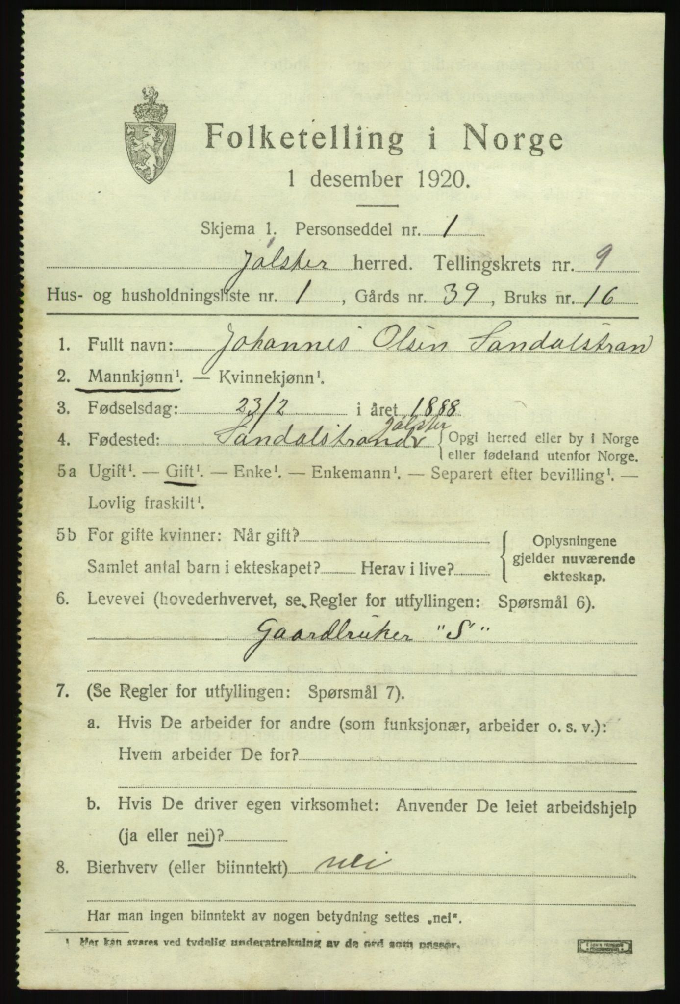 SAB, 1920 census for Jølster, 1920, p. 4310