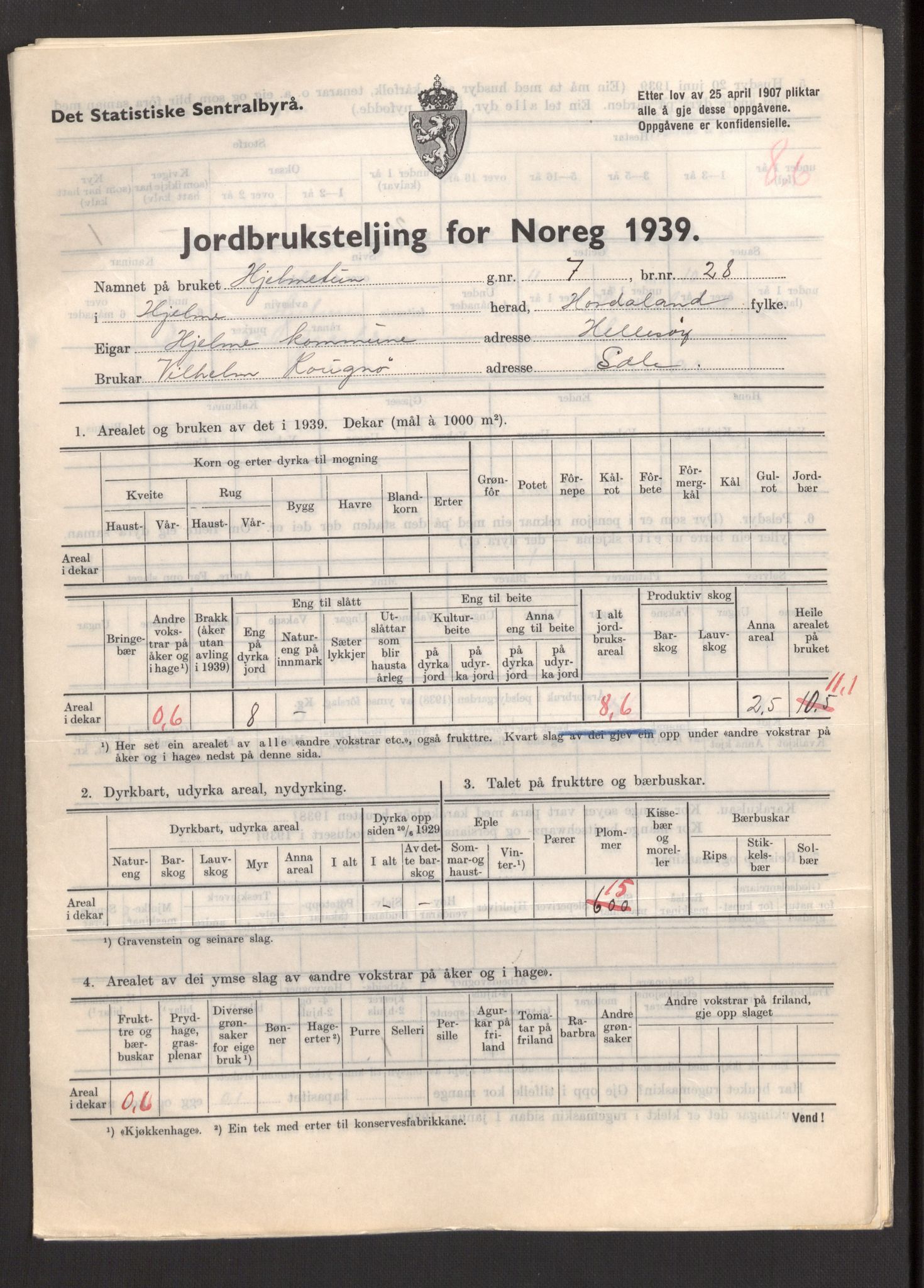 Statistisk sentralbyrå, Næringsøkonomiske emner, Jordbruk, skogbruk, jakt, fiske og fangst, AV/RA-S-2234/G/Gb/L0211: Hordaland: Herdla, Hjelme og Manger, 1939, p. 1215