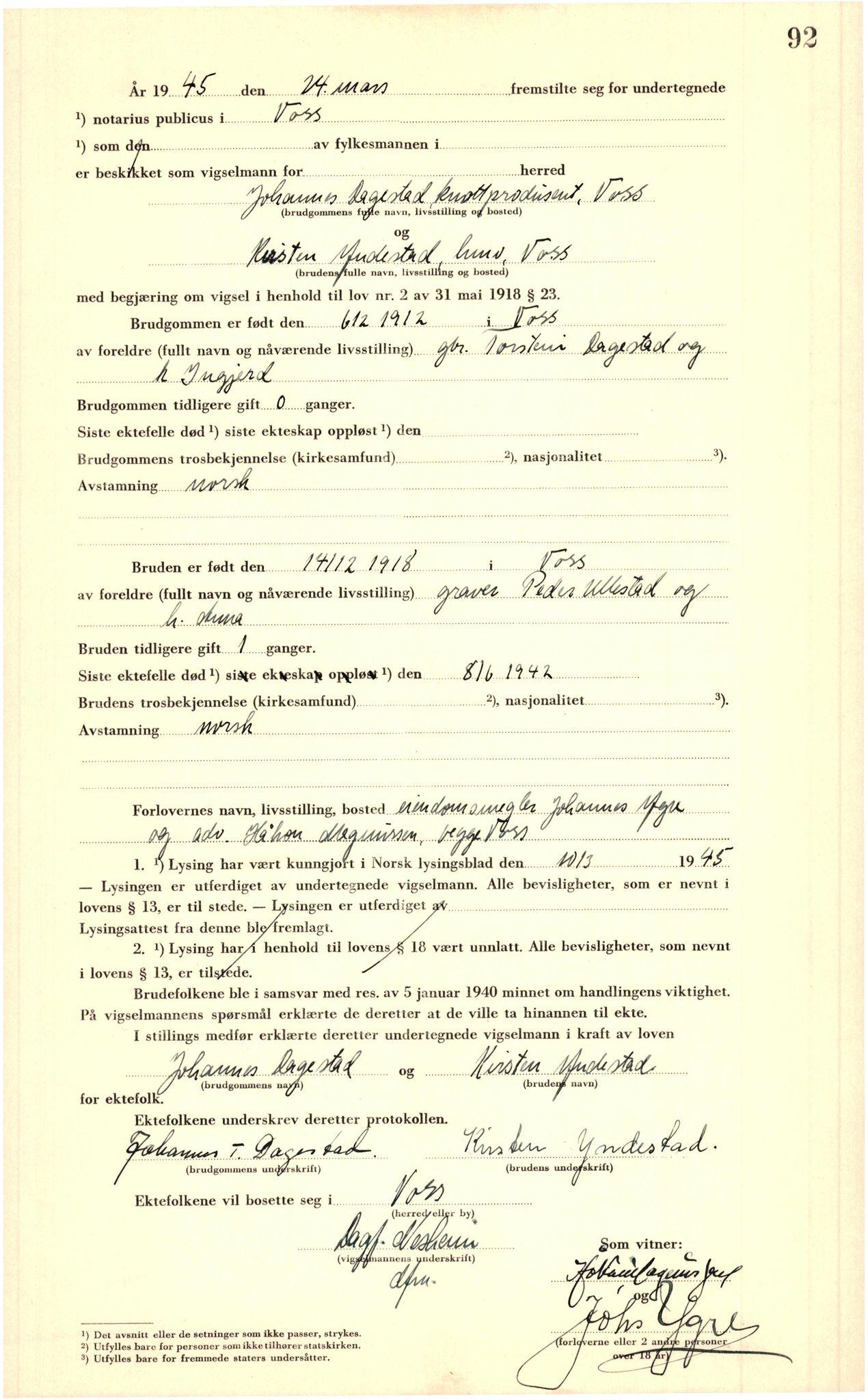 Voss sorenskrivar, AV/SAB-A-2701/M/Maa/L0002: Vigselbok, 1943-1945, p. 92a