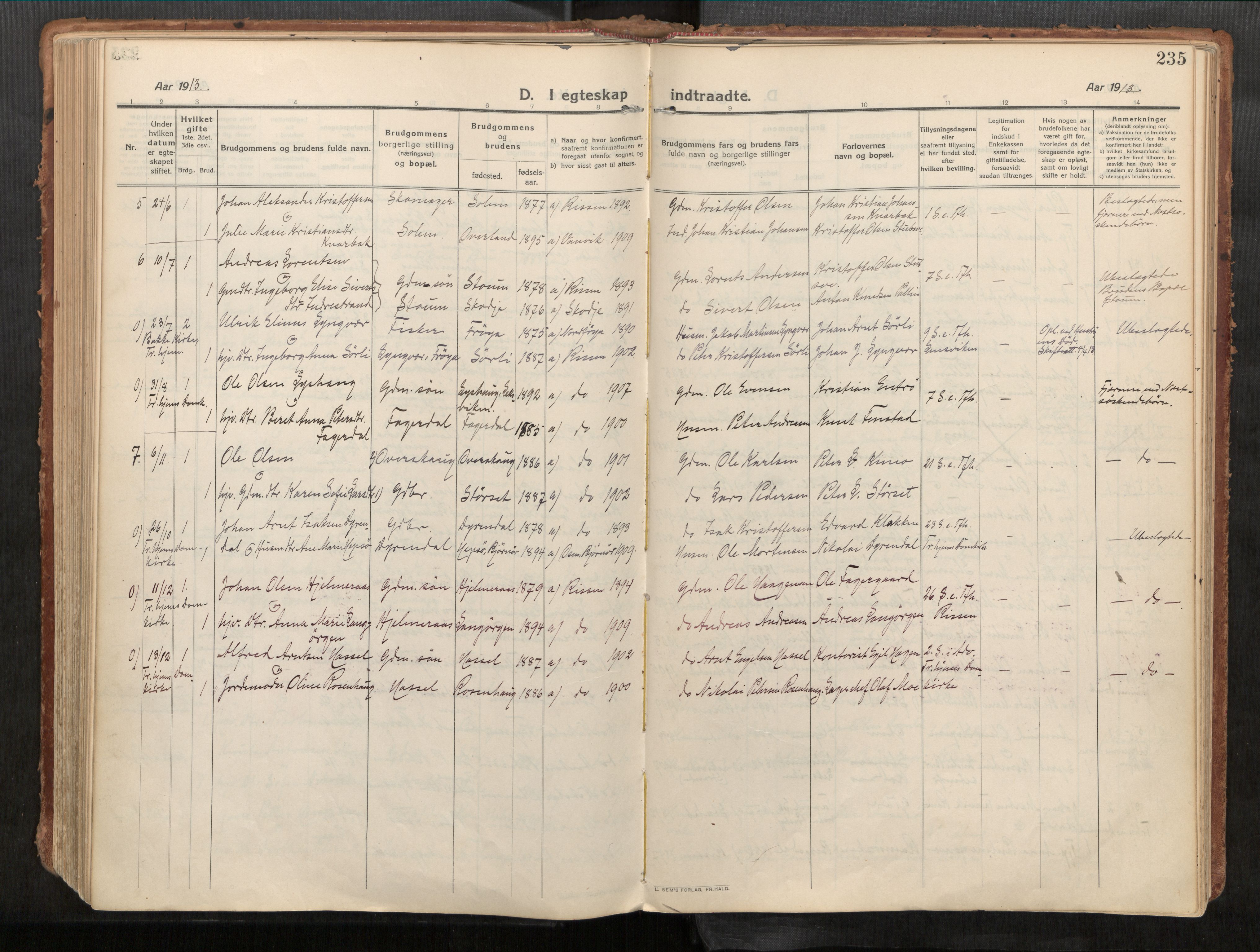 Stadsbygd sokneprestkontor, AV/SAT-A-1117/1/I/I1/I1a/L0001: Parish register (official) no. 1, 1911-1929, p. 235