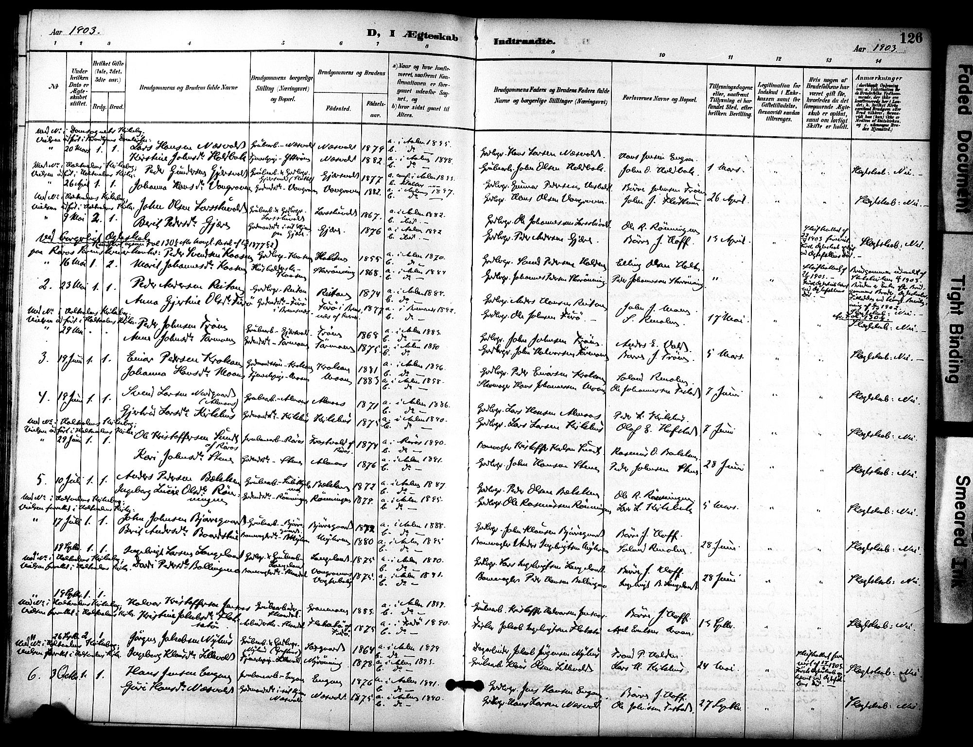 Ministerialprotokoller, klokkerbøker og fødselsregistre - Sør-Trøndelag, AV/SAT-A-1456/686/L0984: Parish register (official) no. 686A02, 1891-1906, p. 126