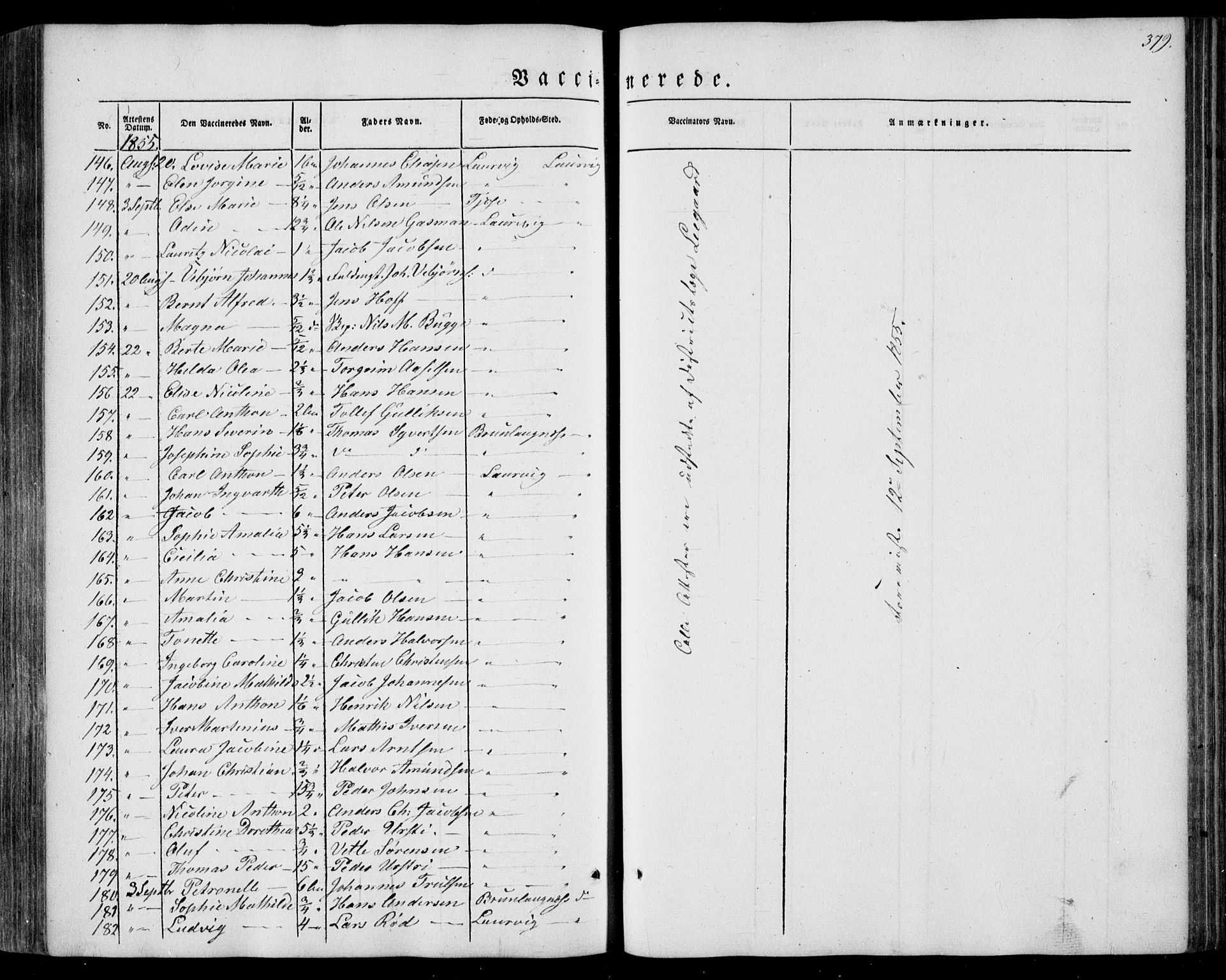 Larvik kirkebøker, AV/SAKO-A-352/F/Fa/L0003: Parish register (official) no. I 3, 1848-1856, p. 379