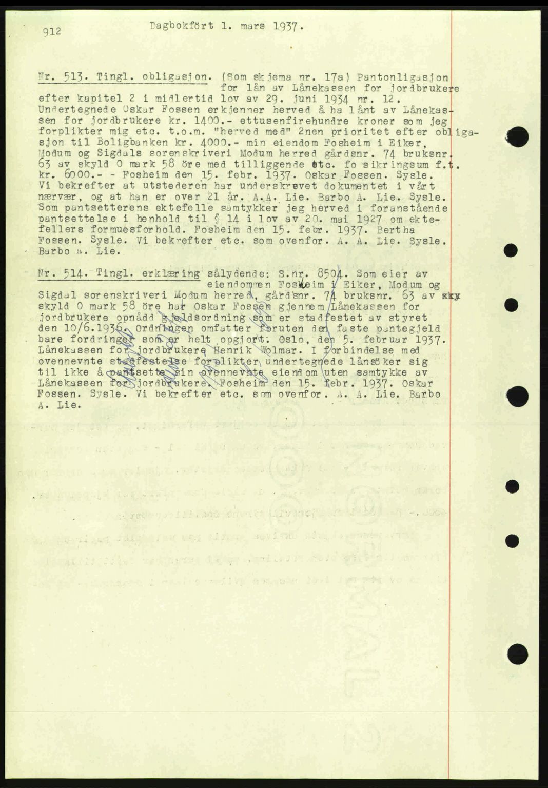 Eiker, Modum og Sigdal sorenskriveri, SAKO/A-123/G/Ga/Gab/L0034: Mortgage book no. A4, 1936-1937, Diary no: : 513/1937