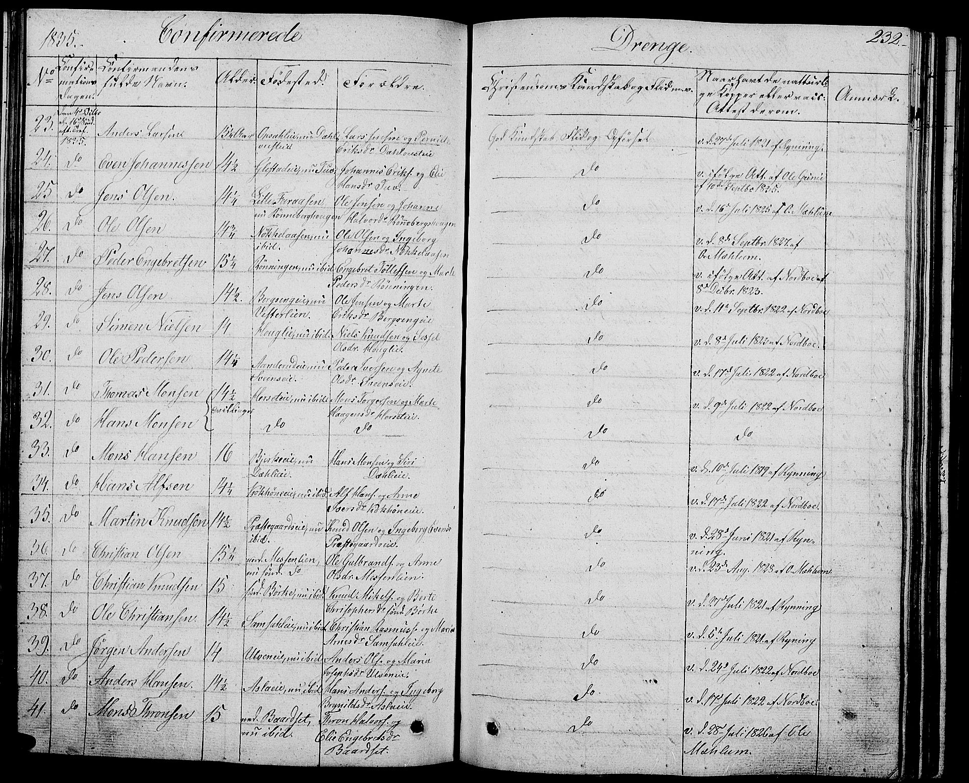 Ringsaker prestekontor, AV/SAH-PREST-014/L/La/L0004: Parish register (copy) no. 4, 1827-1838, p. 232