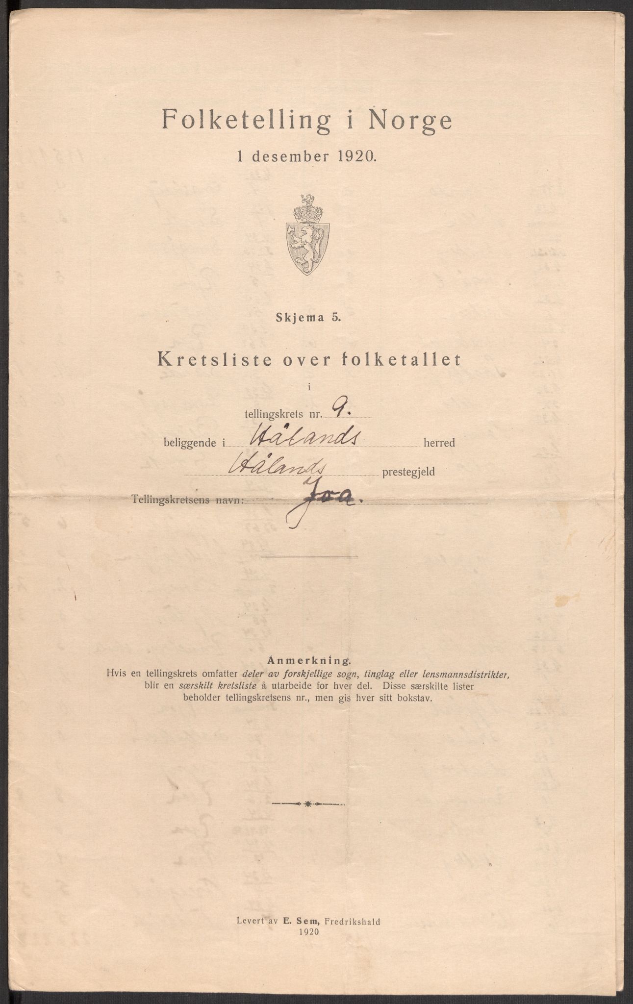 SAST, 1920 census for Håland, 1920, p. 33