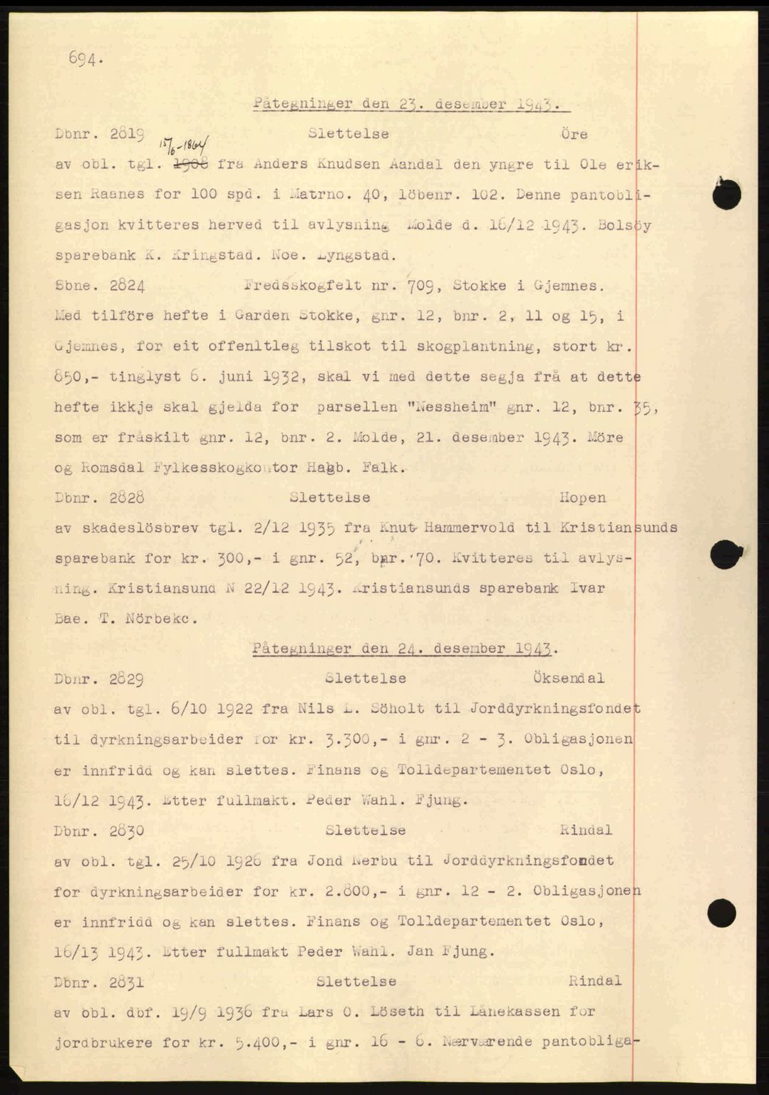 Nordmøre sorenskriveri, AV/SAT-A-4132/1/2/2Ca: Mortgage book no. C81, 1940-1945, Diary no: : 2819/1943