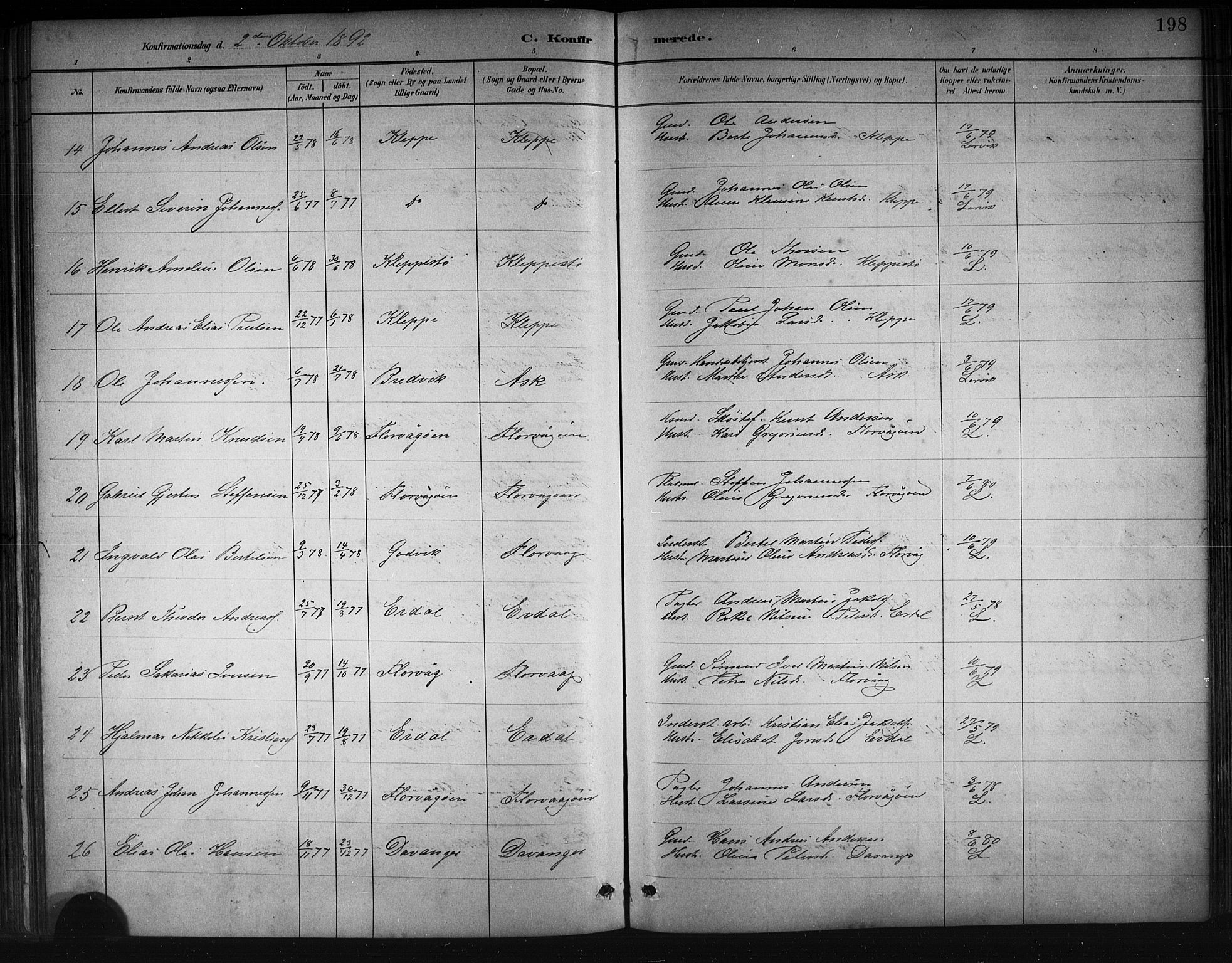 Askøy Sokneprestembete, SAB/A-74101/H/Ha/Hab/Haba/L0008: Parish register (copy) no. A 8, 1882-1893, p. 198