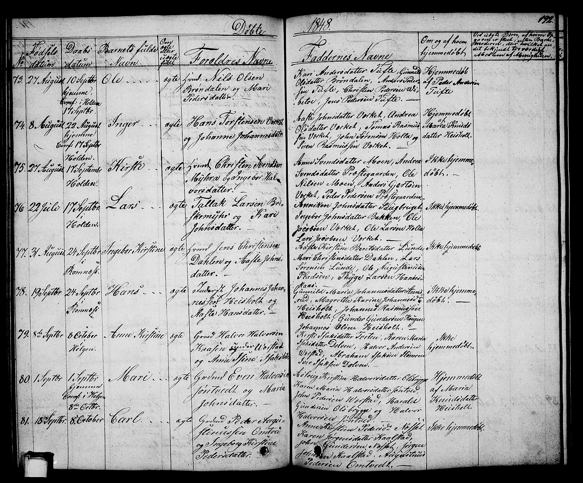 Holla kirkebøker, AV/SAKO-A-272/G/Ga/L0002: Parish register (copy) no. I 2, 1830-1848, p. 192