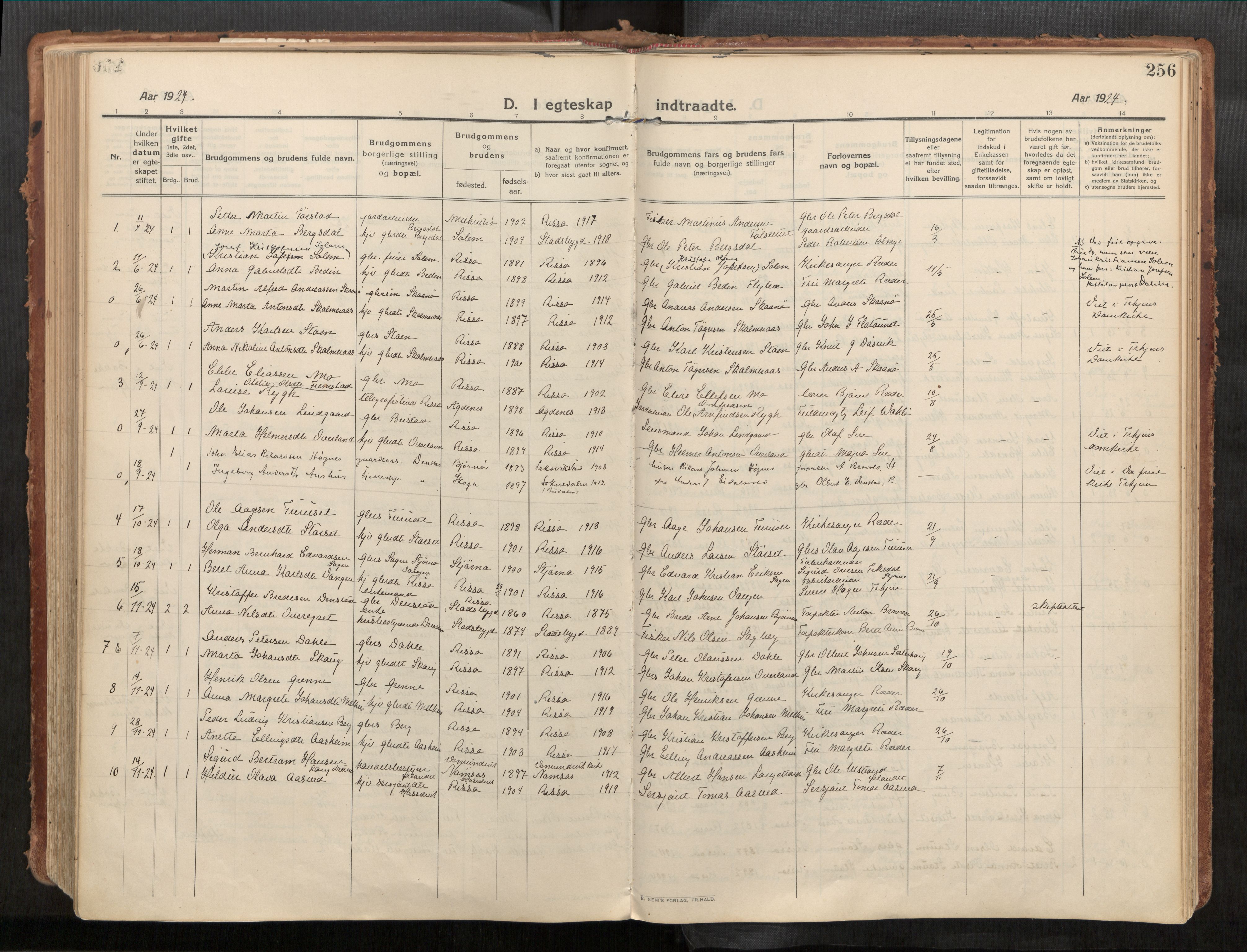 Stadsbygd sokneprestkontor, SAT/A-1117/1/I/I1/I1a/L0001: Parish register (official) no. 1, 1911-1929, p. 256