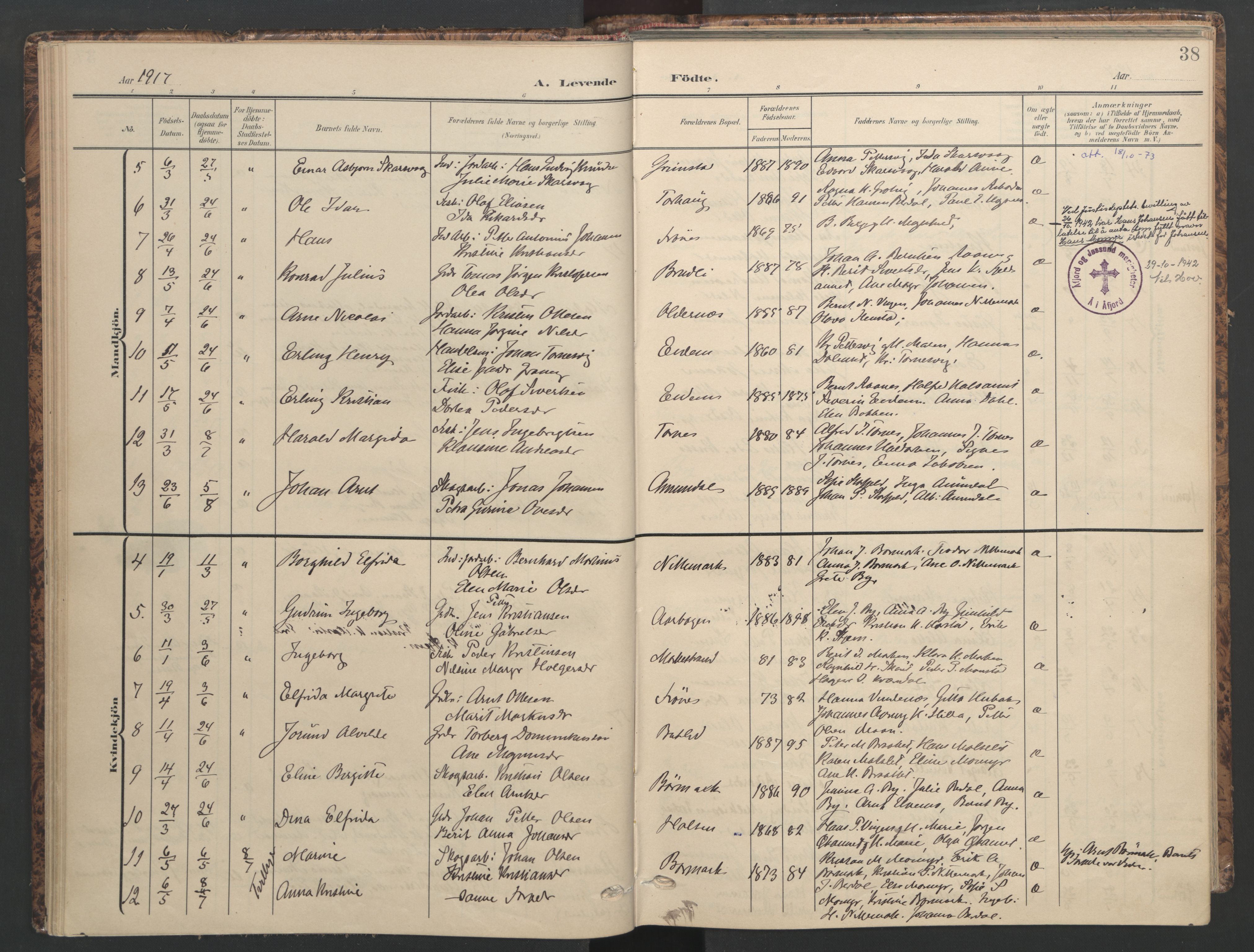 Ministerialprotokoller, klokkerbøker og fødselsregistre - Sør-Trøndelag, SAT/A-1456/655/L0682: Parish register (official) no. 655A11, 1908-1922, p. 38