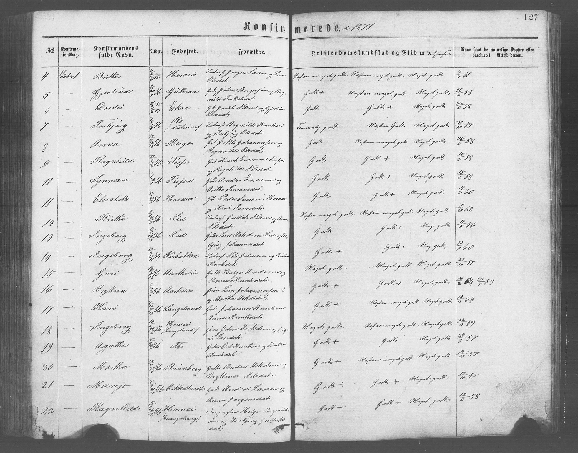 Evanger sokneprestembete, AV/SAB-A-99924: Parish register (copy) no. A 2, 1863-1879, p. 127