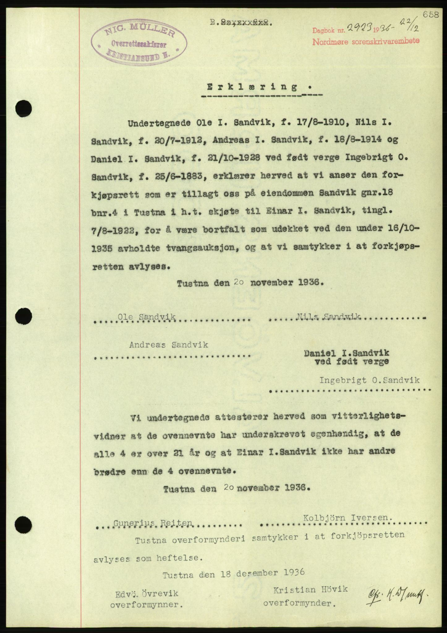 Nordmøre sorenskriveri, AV/SAT-A-4132/1/2/2Ca/L0090: Mortgage book no. B80, 1936-1937, Diary no: : 2923/1936