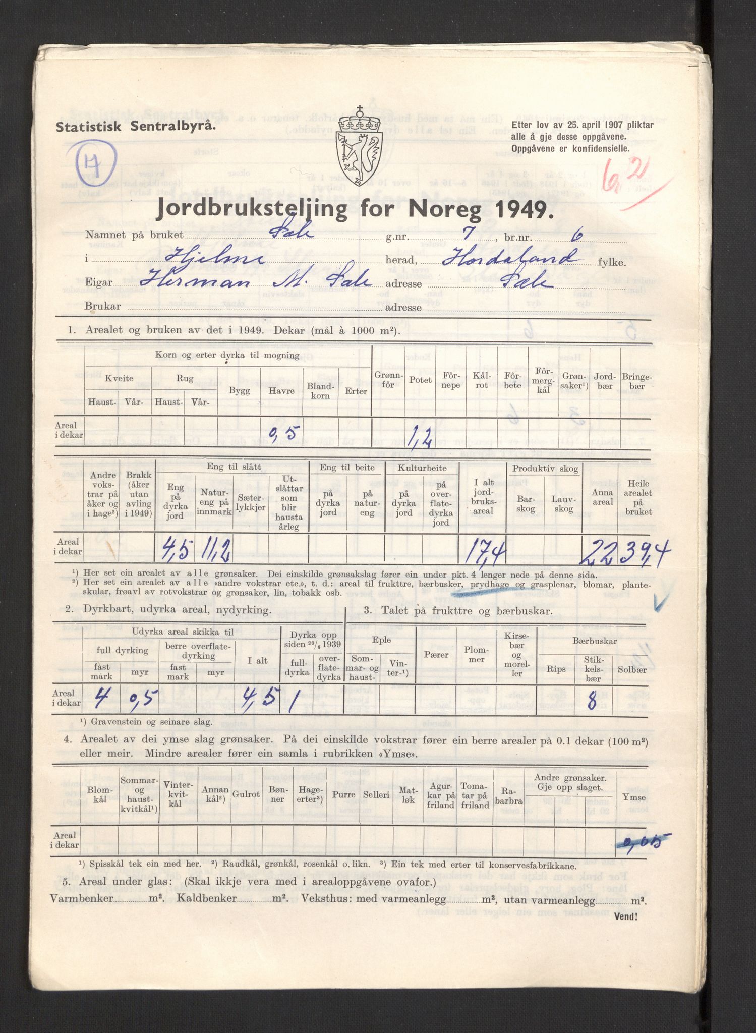 Statistisk sentralbyrå, Næringsøkonomiske emner, Jordbruk, skogbruk, jakt, fiske og fangst, AV/RA-S-2234/G/Gc/L0276: Hordaland: Herdla og Hjelme, 1949, p. 1224