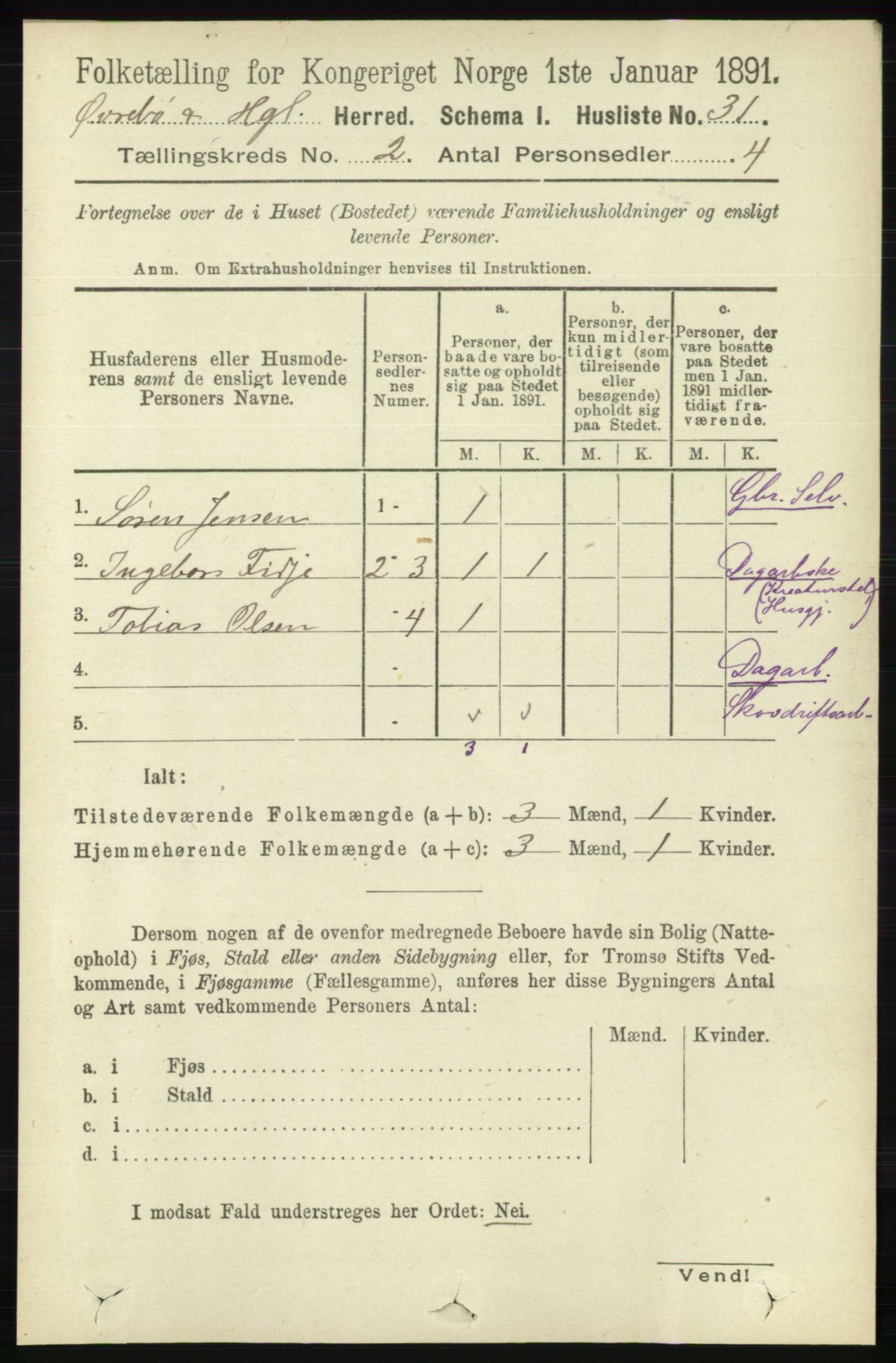 RA, 1891 census for 1016 Øvrebø og Hægeland, 1891, p. 313