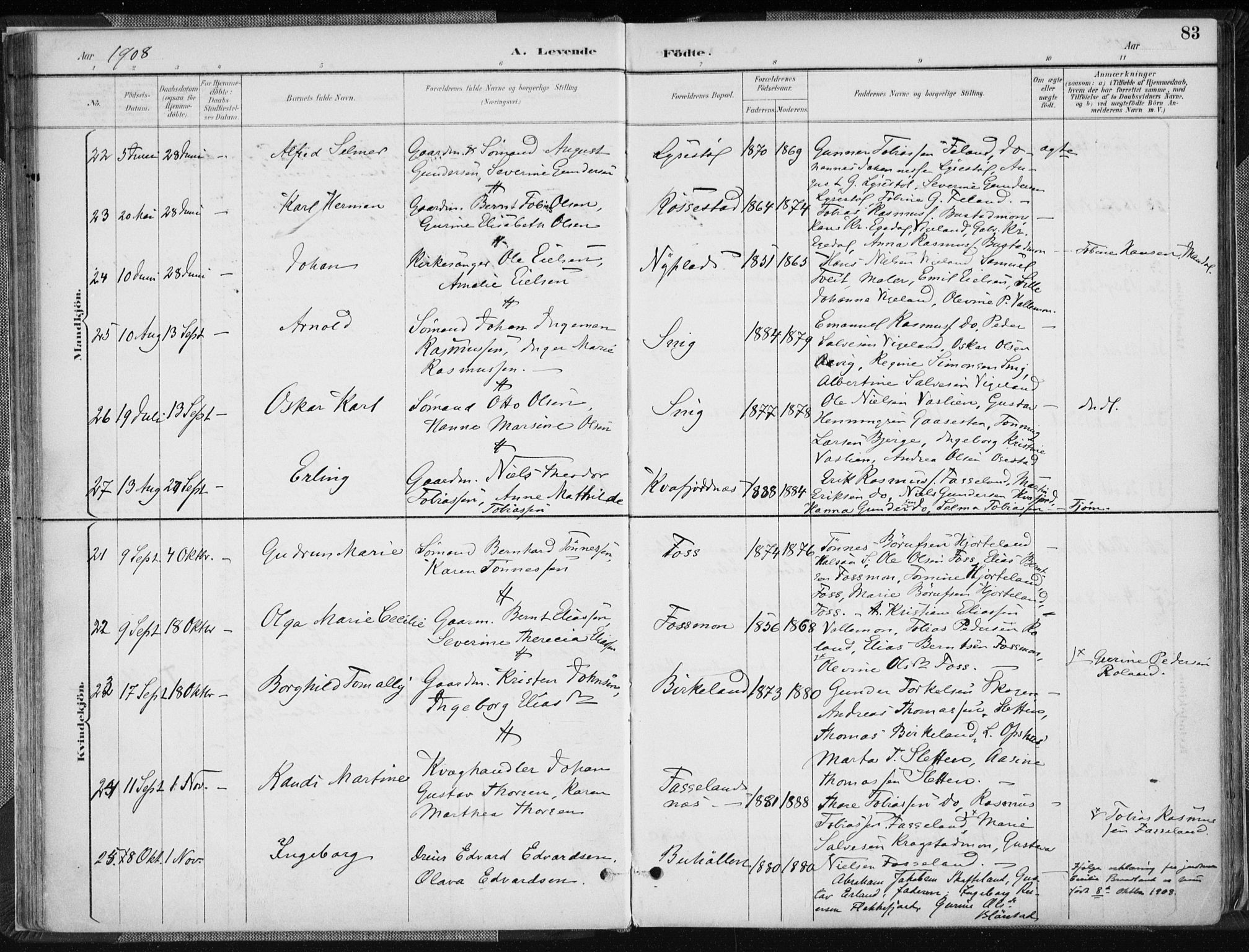 Sør-Audnedal sokneprestkontor, AV/SAK-1111-0039/F/Fa/Fab/L0010: Parish register (official) no. A 10, 1892-1913, p. 83