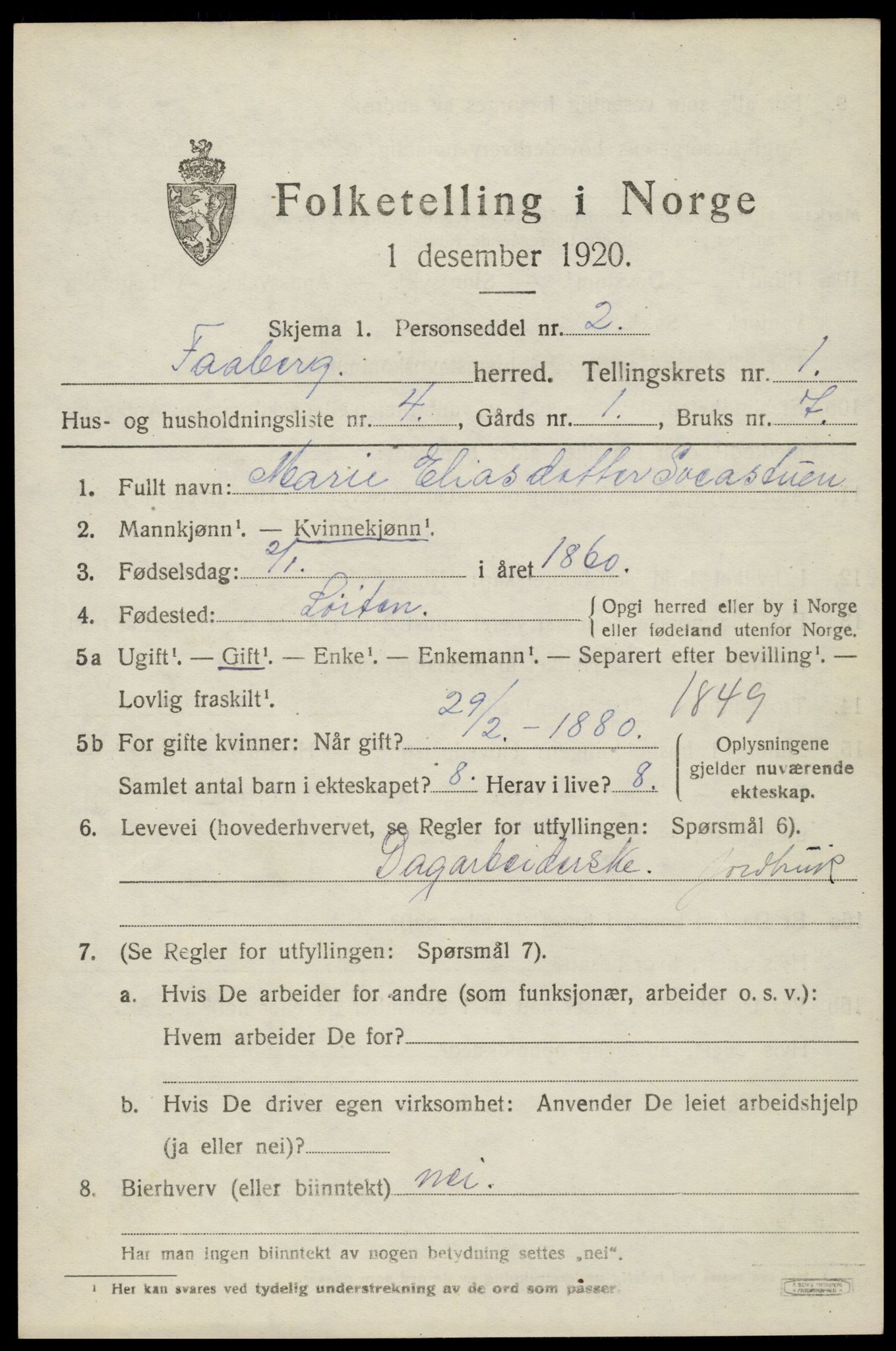 SAH, 1920 census for Fåberg, 1920, p. 2278