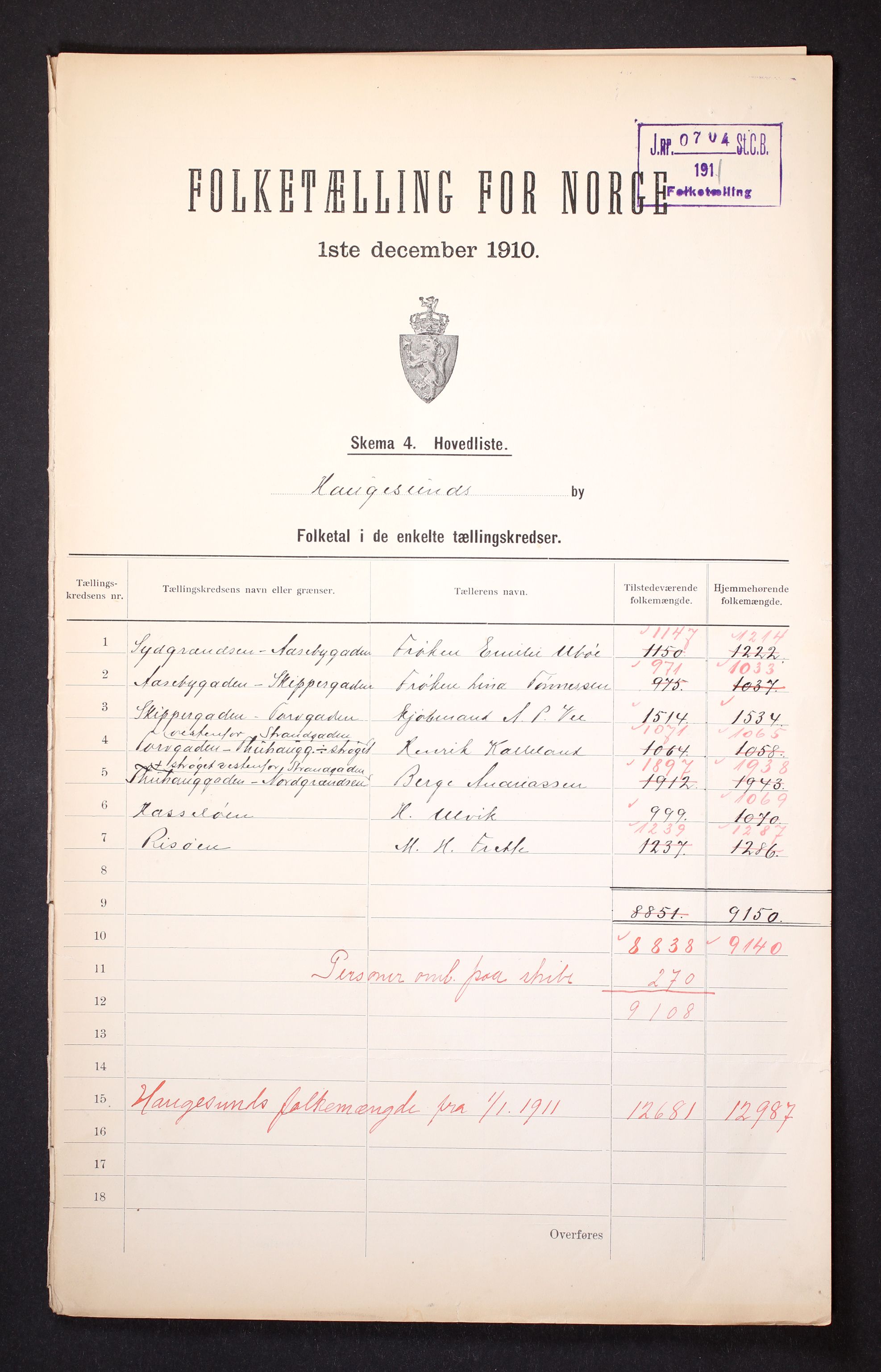 RA, 1910 census for Haugesund, 1910, p. 4