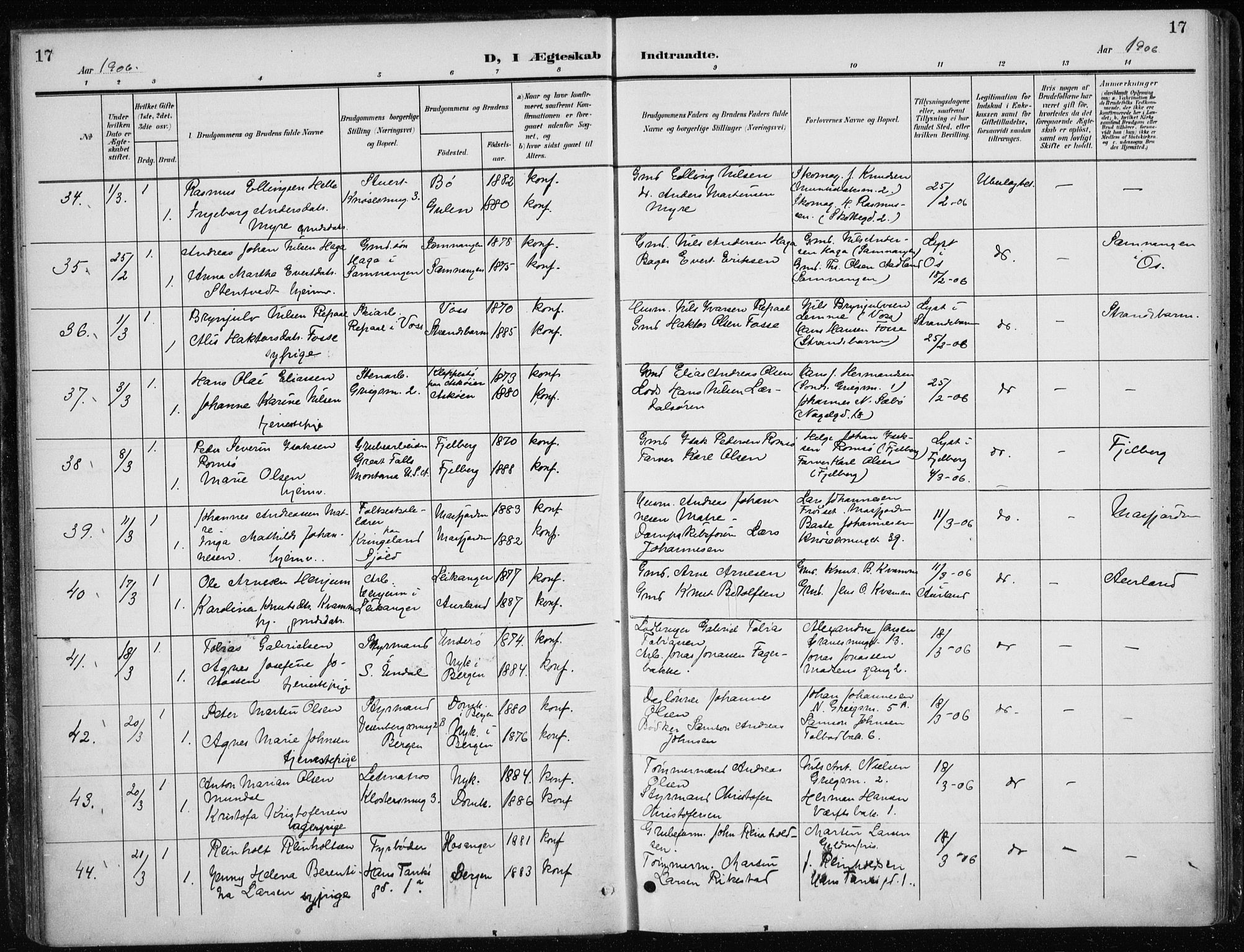 Nykirken Sokneprestembete, AV/SAB-A-77101/H/Haa/L0035: Parish register (official) no. D 5, 1905-1913, p. 17