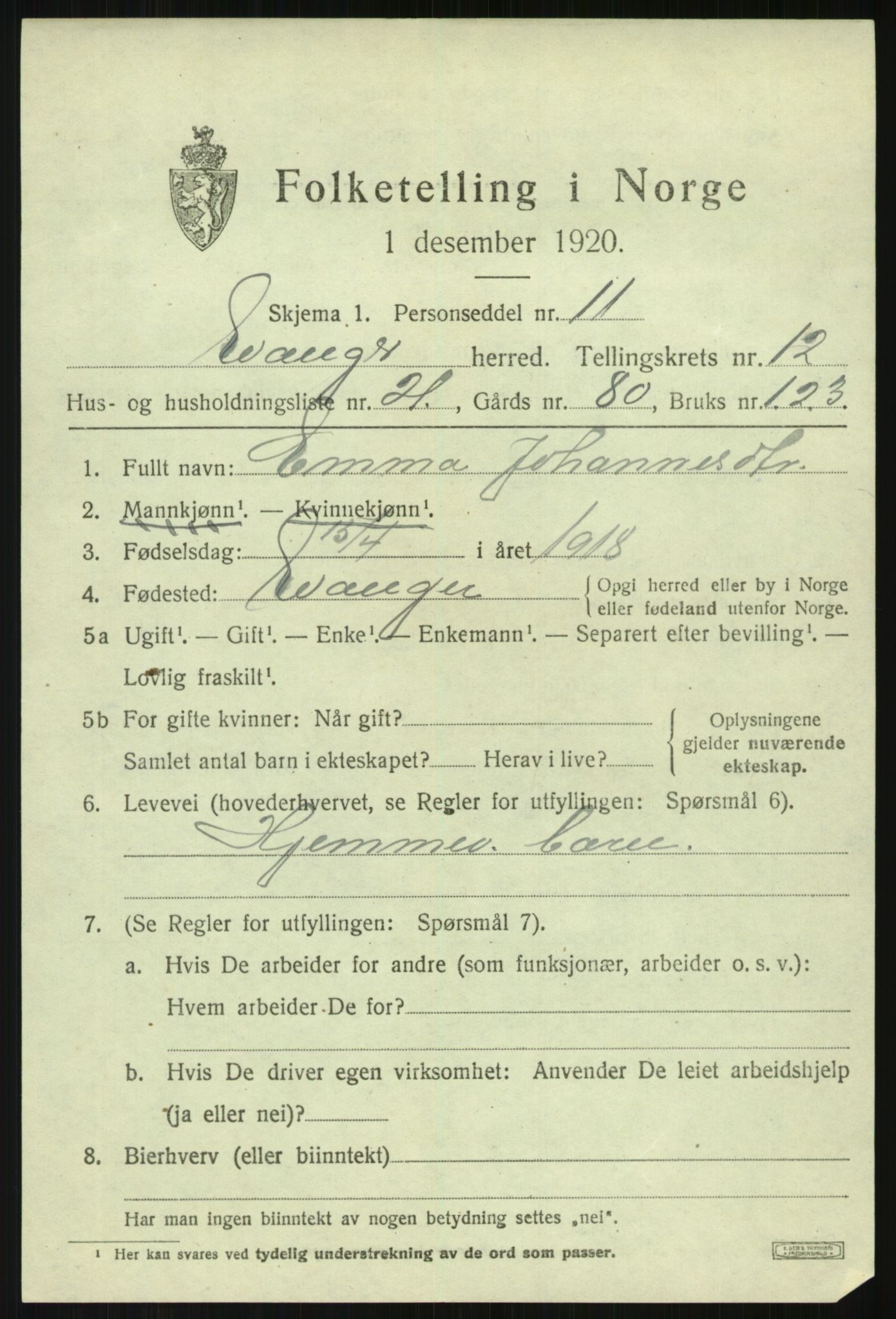 SAB, 1920 census for Evanger, 1920, p. 3899