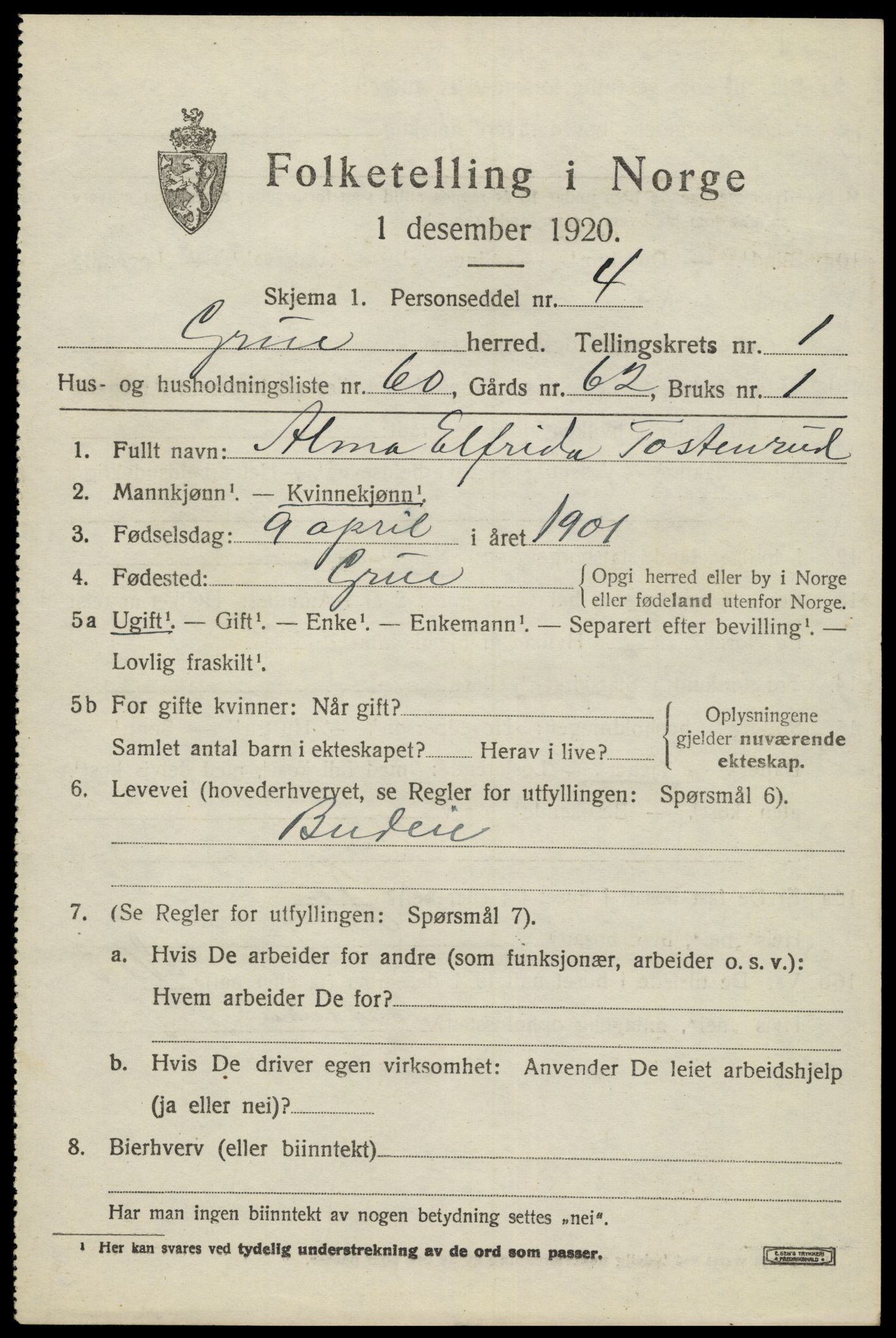 SAH, 1920 census for Grue, 1920, p. 3139