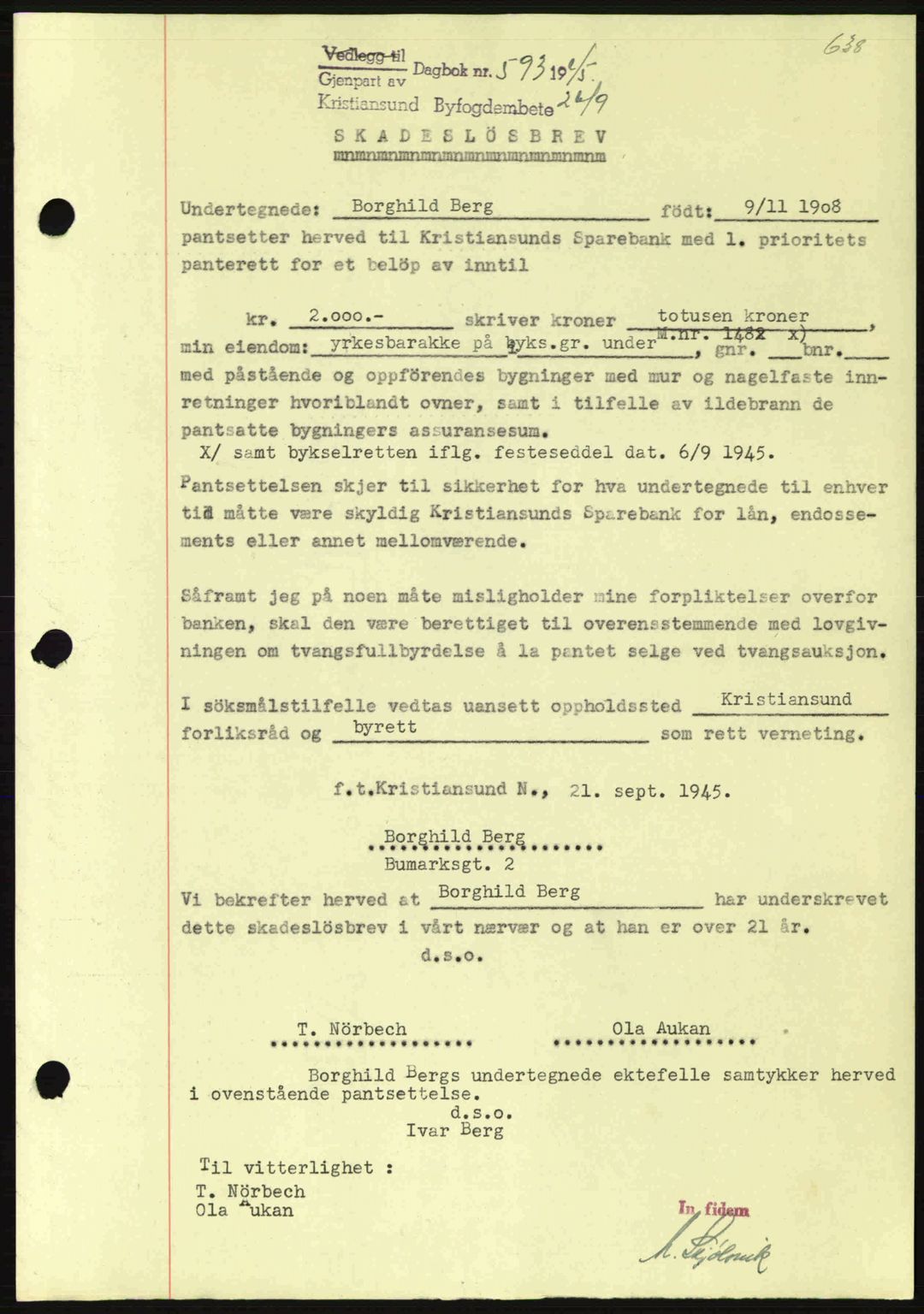 Kristiansund byfogd, SAT/A-4587/A/27: Mortgage book no. 37-38, 1943-1945, Diary no: : 593/1945