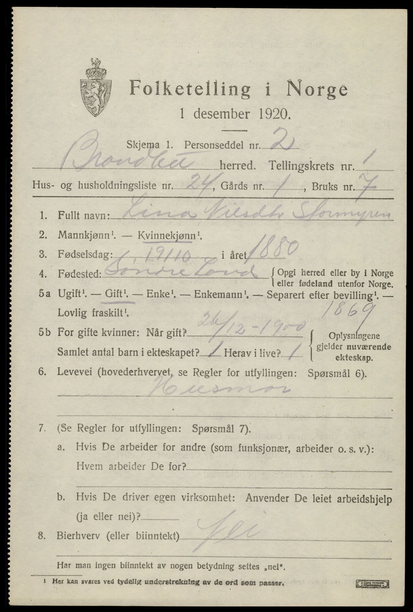 SAH, 1920 census for Brandbu, 1920, p. 2219