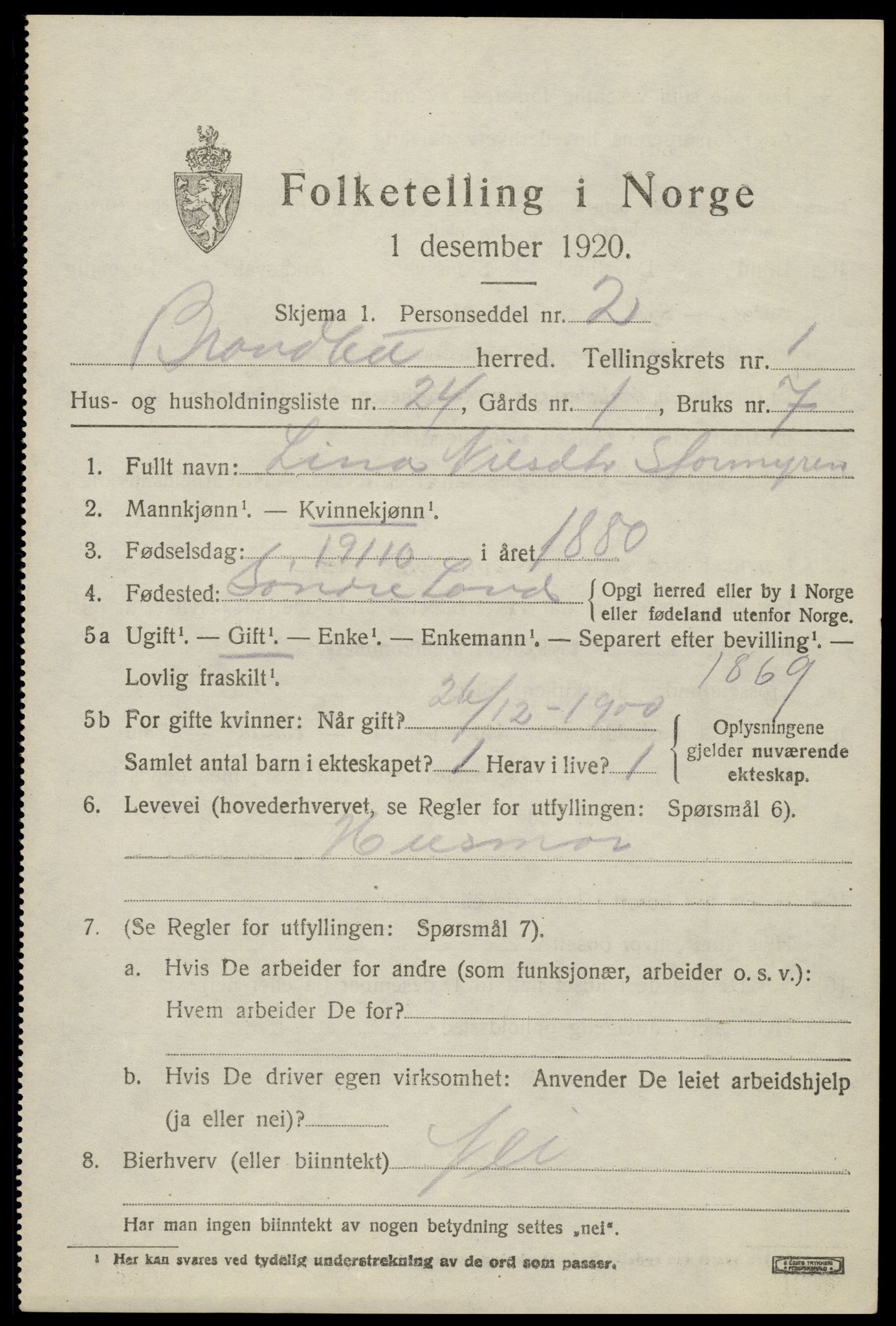 SAH, 1920 census for Brandbu, 1920, p. 2219