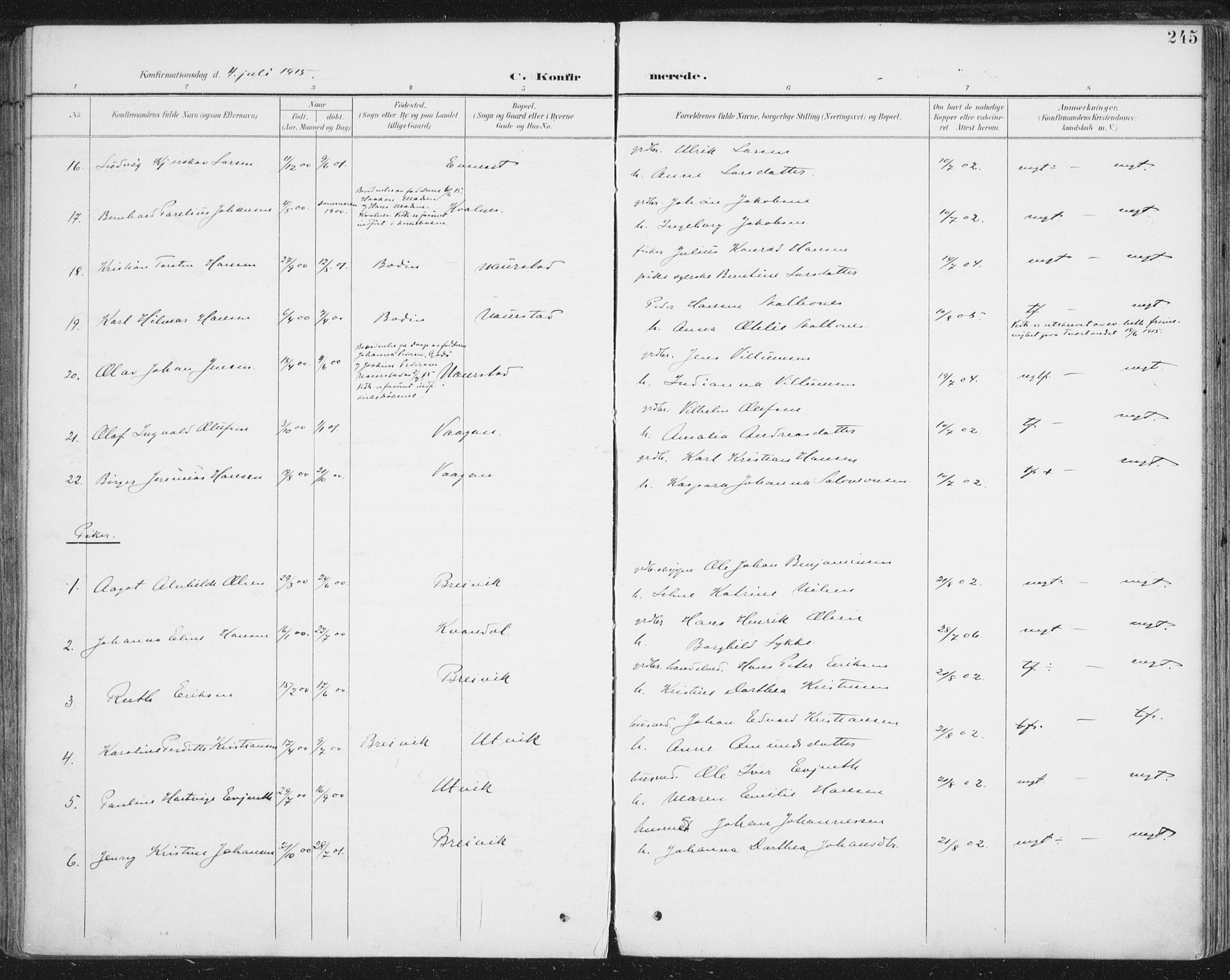 Ministerialprotokoller, klokkerbøker og fødselsregistre - Nordland, AV/SAT-A-1459/852/L0741: Parish register (official) no. 852A11, 1894-1917, p. 245