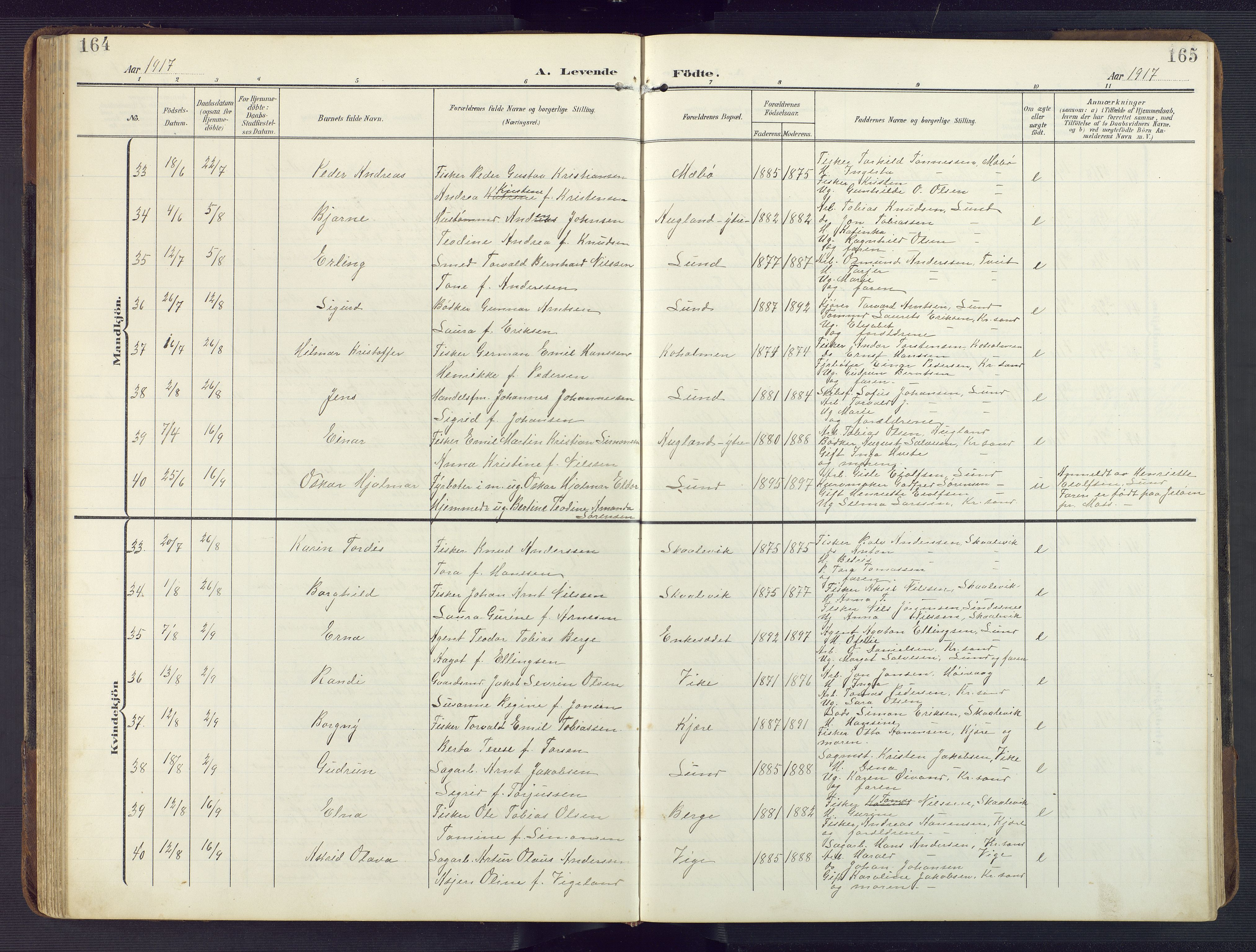 Oddernes sokneprestkontor, SAK/1111-0033/F/Fb/Fba/L0010: Parish register (copy) no. B 10, 1907-1941, p. 164-165