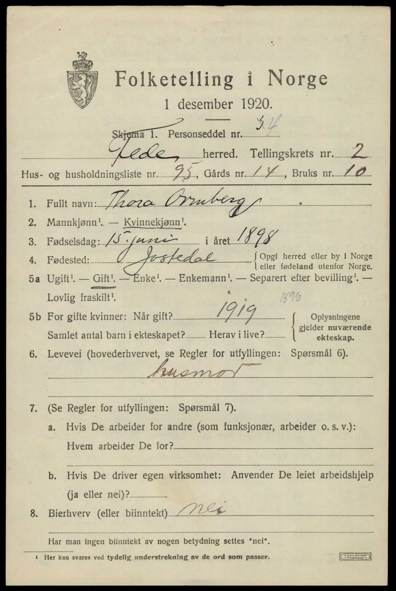 SAK, 1920 census for Feda, 1920, p. 1709