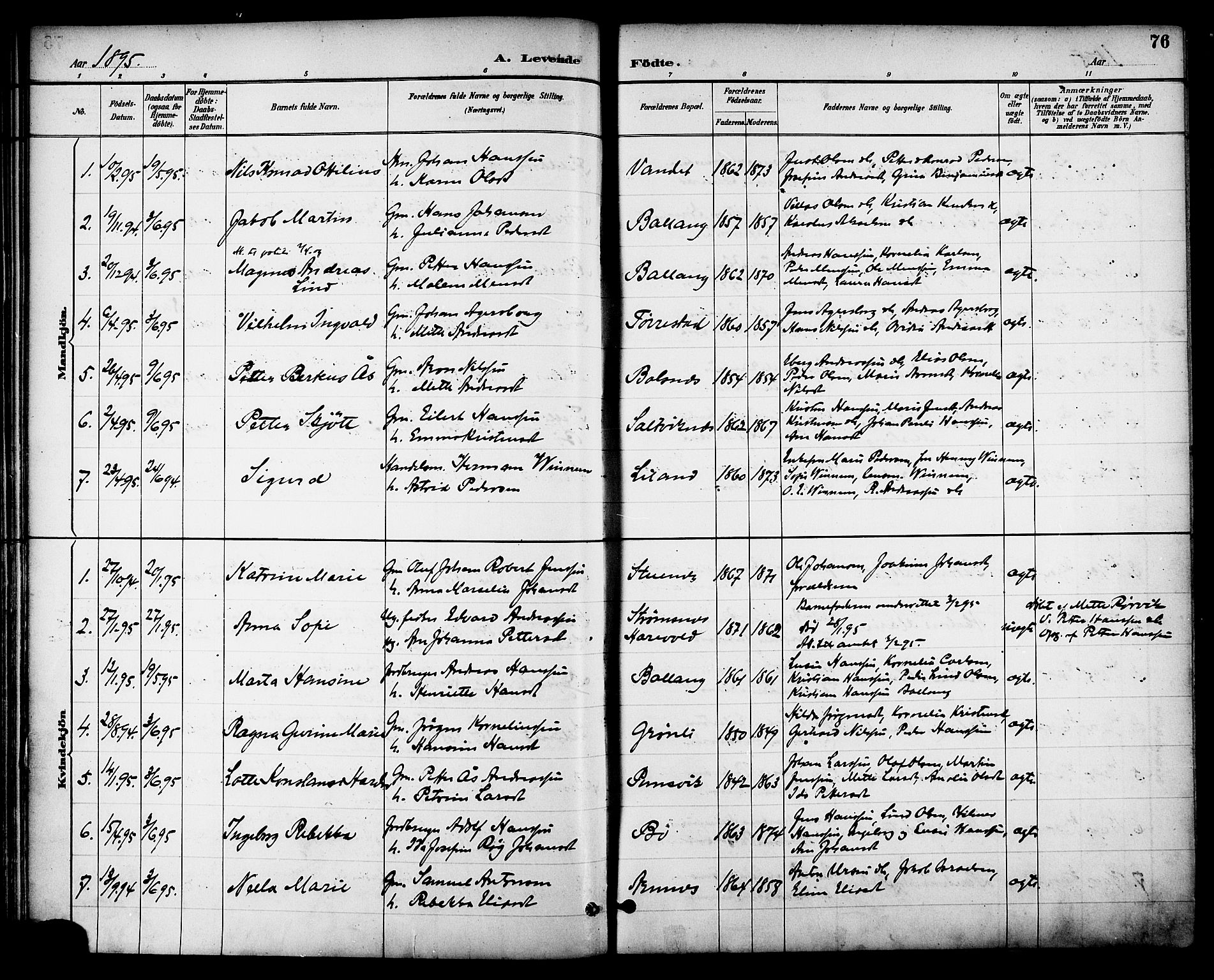 Ministerialprotokoller, klokkerbøker og fødselsregistre - Nordland, SAT/A-1459/863/L0898: Parish register (official) no. 863A10, 1886-1897, p. 76