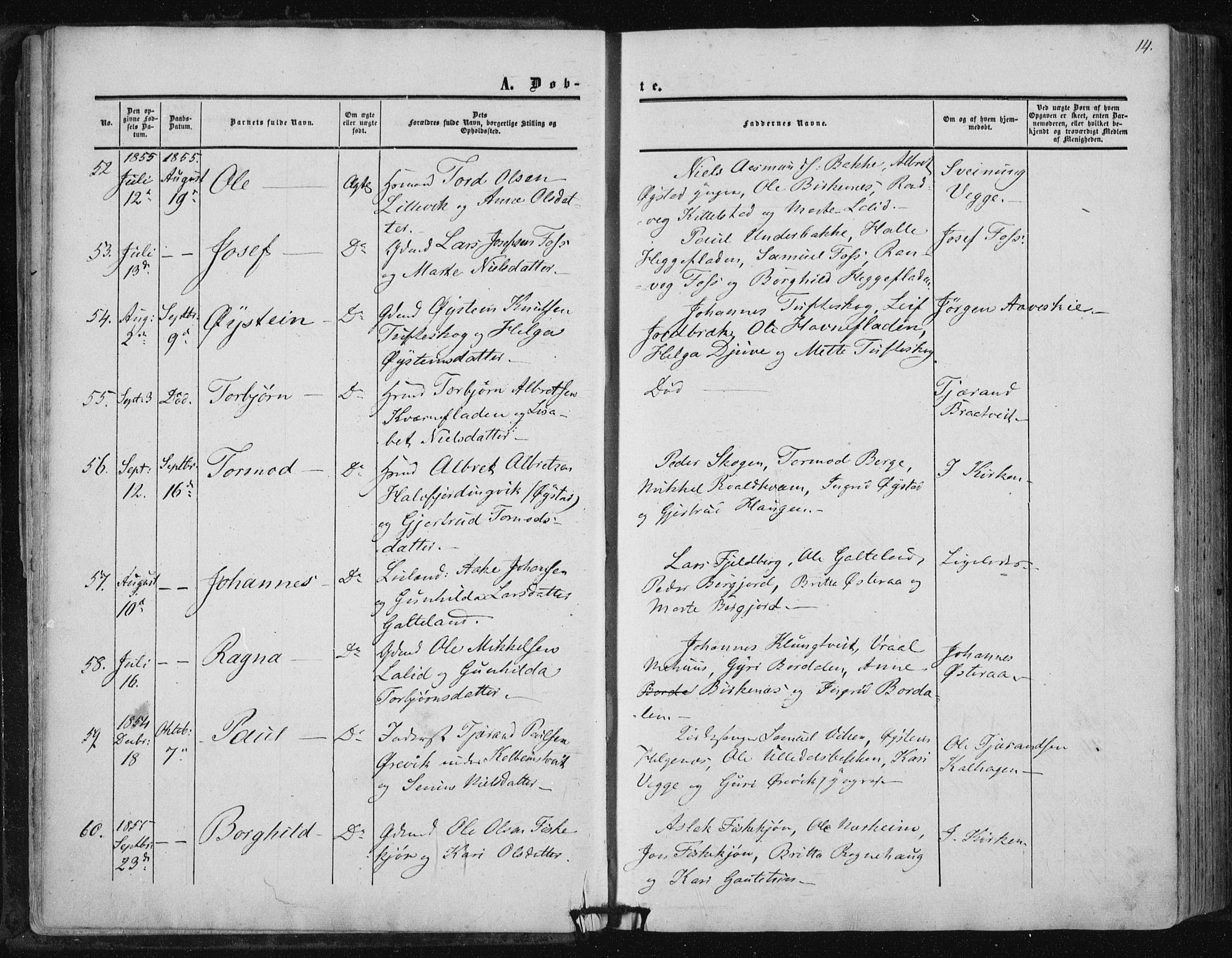 Suldal sokneprestkontor, AV/SAST-A-101845/01/IV/L0009: Parish register (official) no. A 9, 1854-1868, p. 14