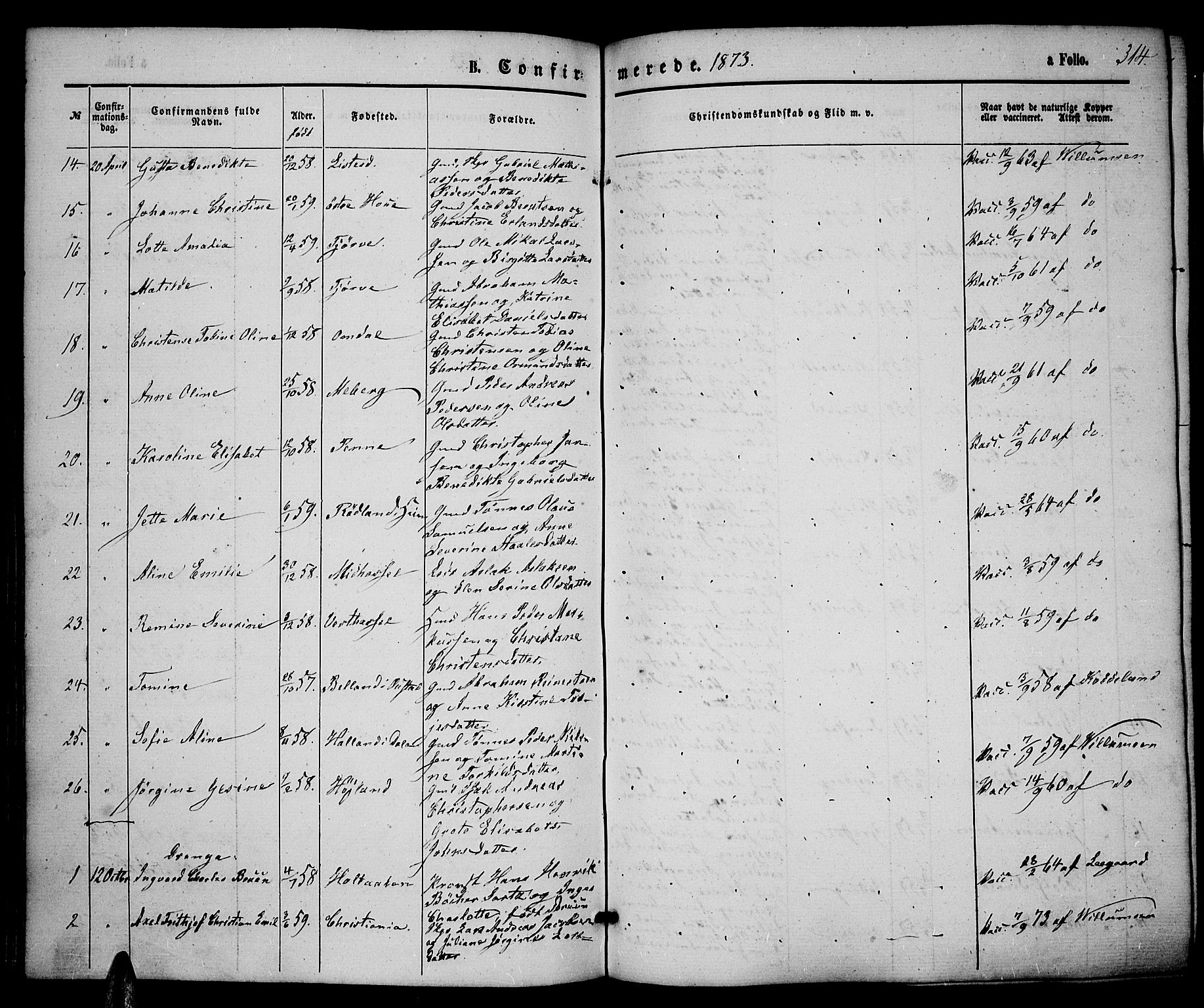 Lista sokneprestkontor, AV/SAK-1111-0027/F/Fb/L0003: Parish register (copy) no. B 3, 1862-1877, p. 314