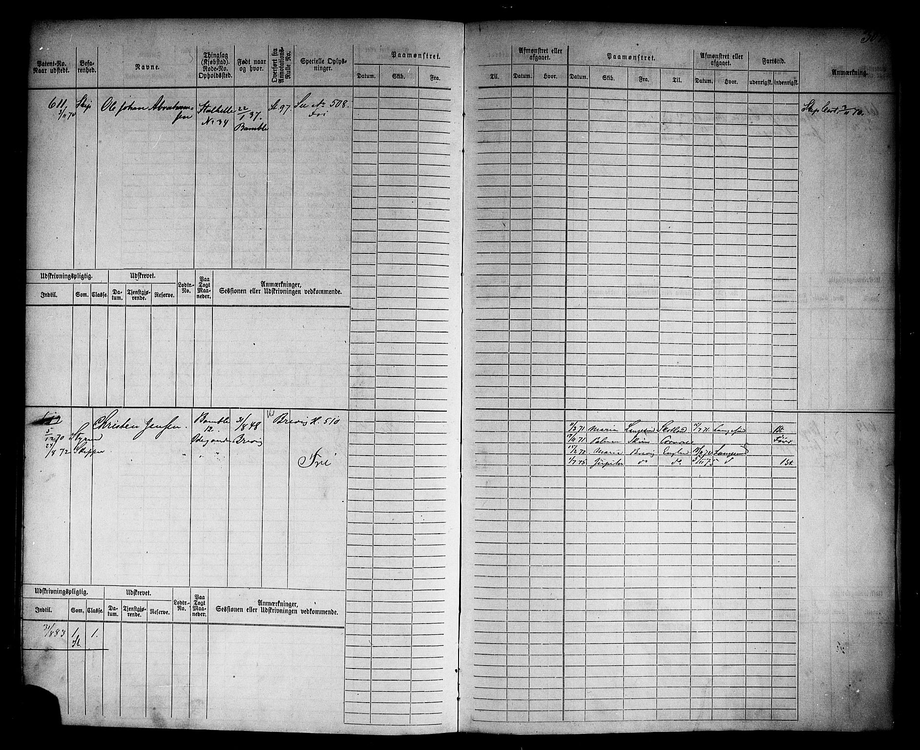 Langesund innrulleringskontor, SAKO/A-831/F/Fc/L0002: Hovedrulle, 1868-1870, p. 309