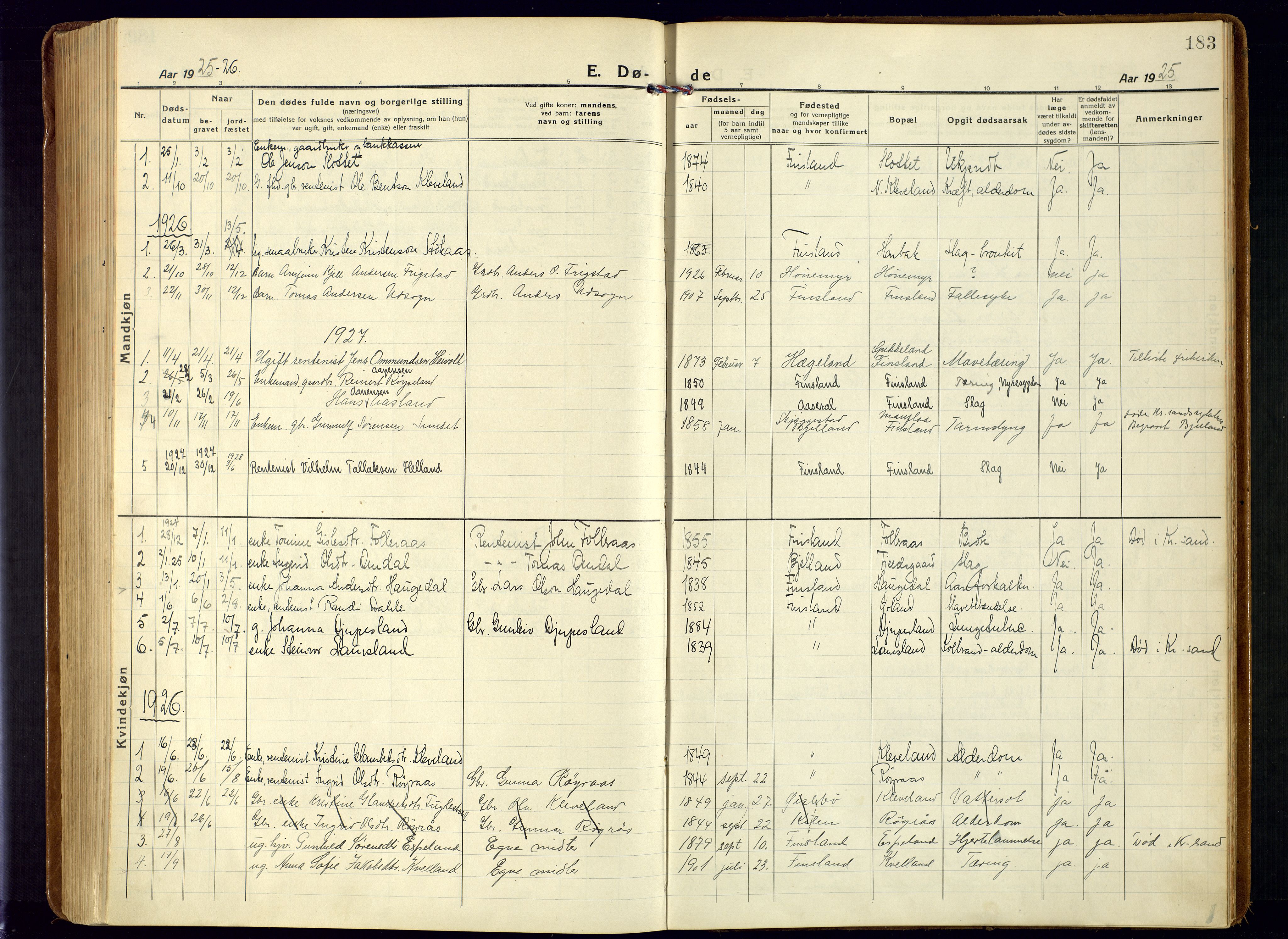 Bjelland sokneprestkontor, SAK/1111-0005/F/Fa/Fab/L0005: Parish register (official) no. A 5, 1921-1951, p. 183
