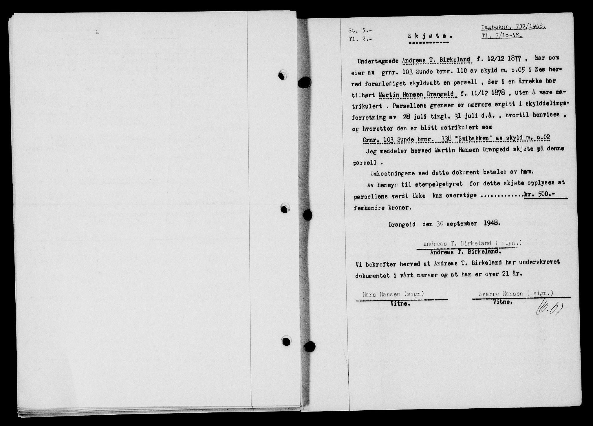 Flekkefjord sorenskriveri, SAK/1221-0001/G/Gb/Gba/L0064: Mortgage book no. A-12, 1948-1949, Diary no: : 737/1948