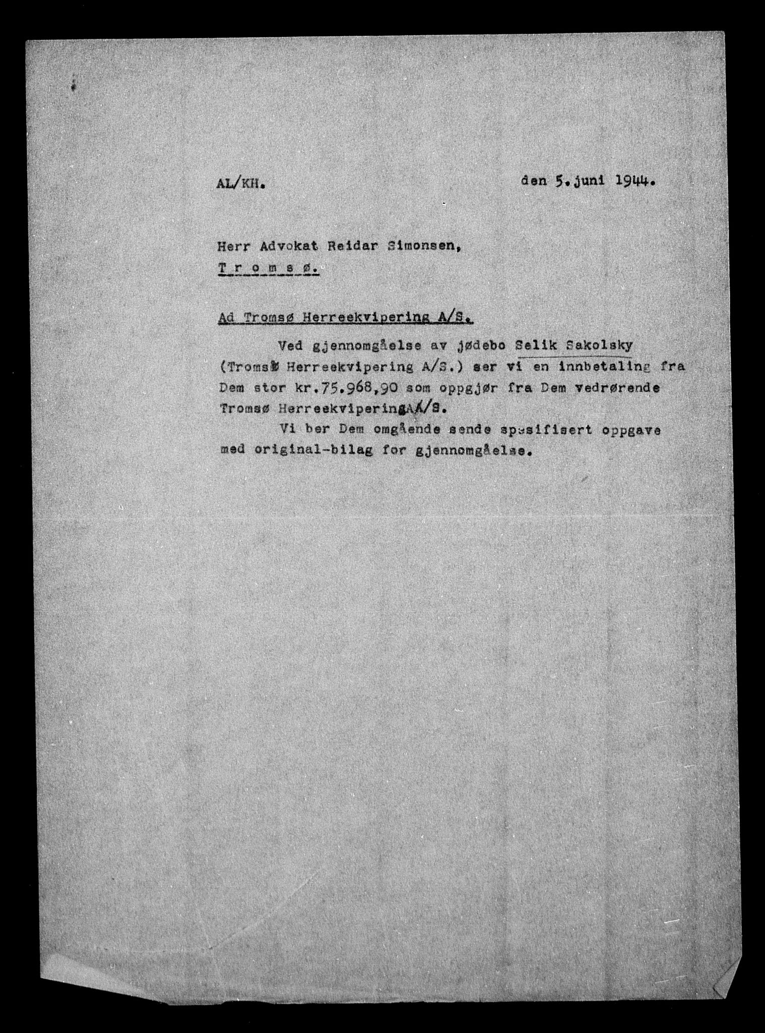 Justisdepartementet, Tilbakeføringskontoret for inndratte formuer, AV/RA-S-1564/H/Hc/Hcb/L0916: --, 1945-1947, p. 911