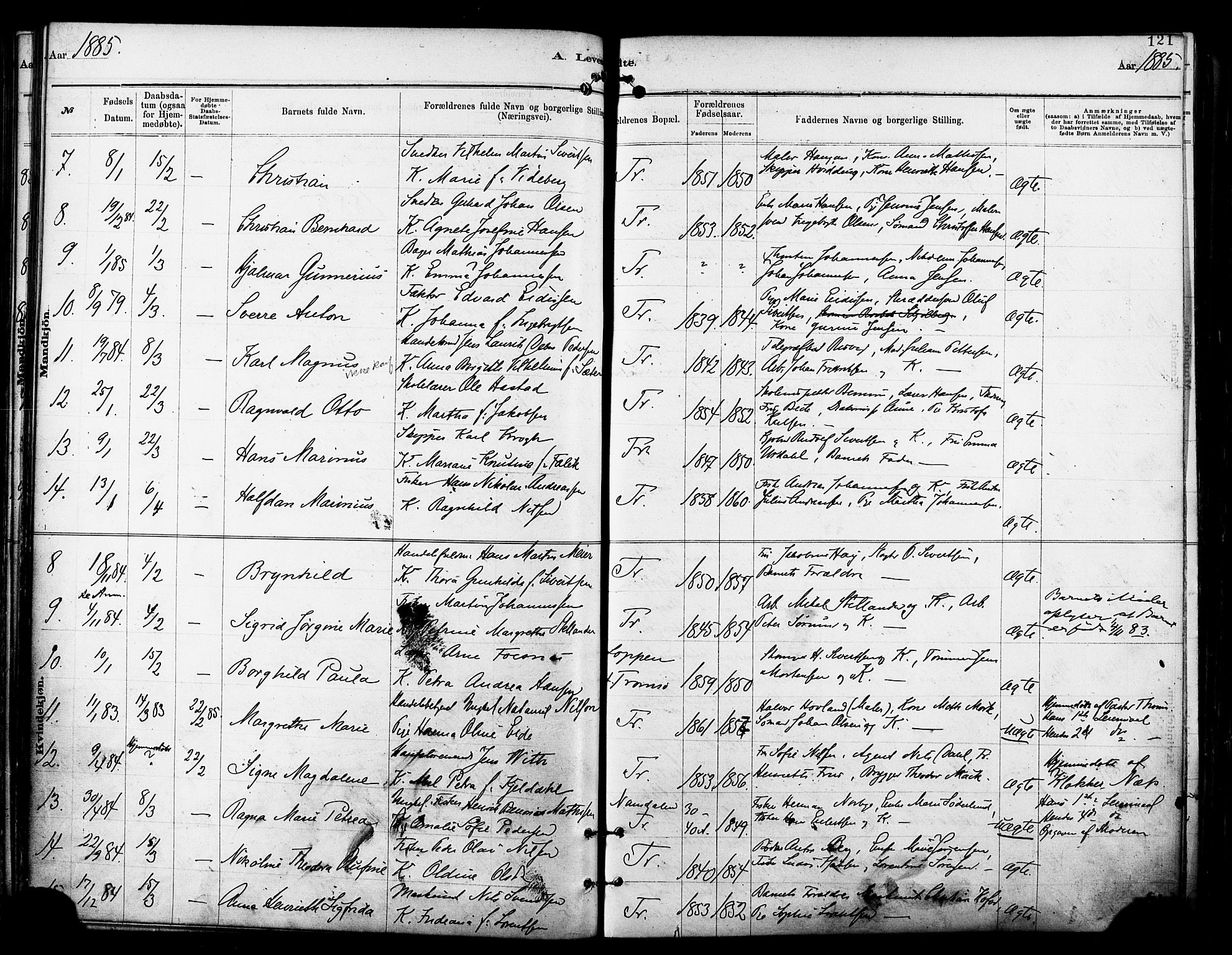 Tromsø sokneprestkontor/stiftsprosti/domprosti, AV/SATØ-S-1343/G/Ga/L0014kirke: Parish register (official) no. 14, 1878-1888, p. 121