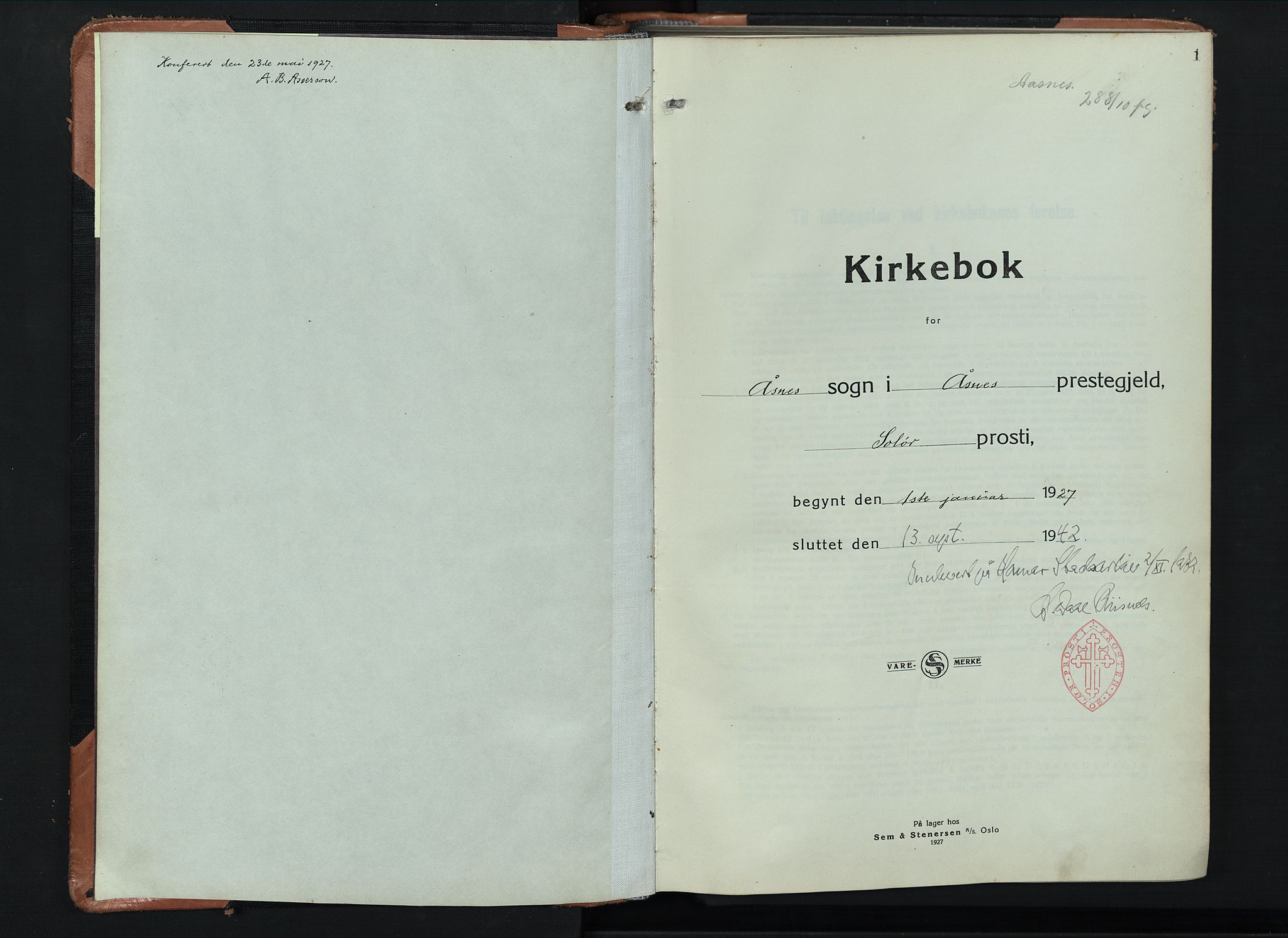 Åsnes prestekontor, SAH/PREST-042/H/Ha/Hab/L0008: Parish register (copy) no. 8, 1927-1942, p. 1