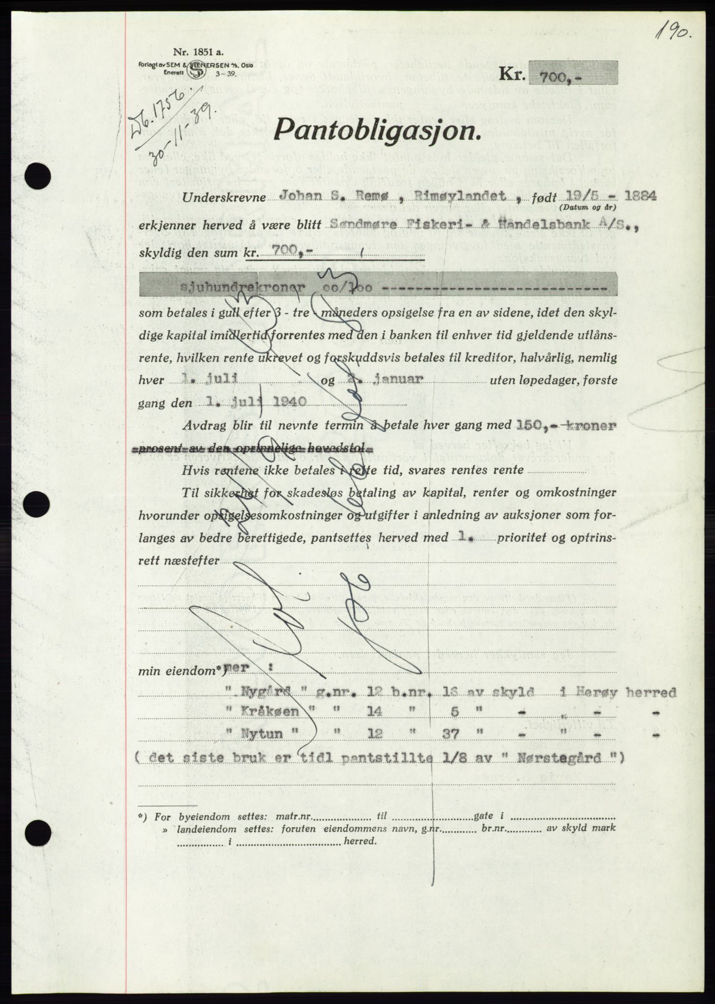 Søre Sunnmøre sorenskriveri, AV/SAT-A-4122/1/2/2C/L0069: Mortgage book no. 63, 1939-1940, Diary no: : 1756/1939