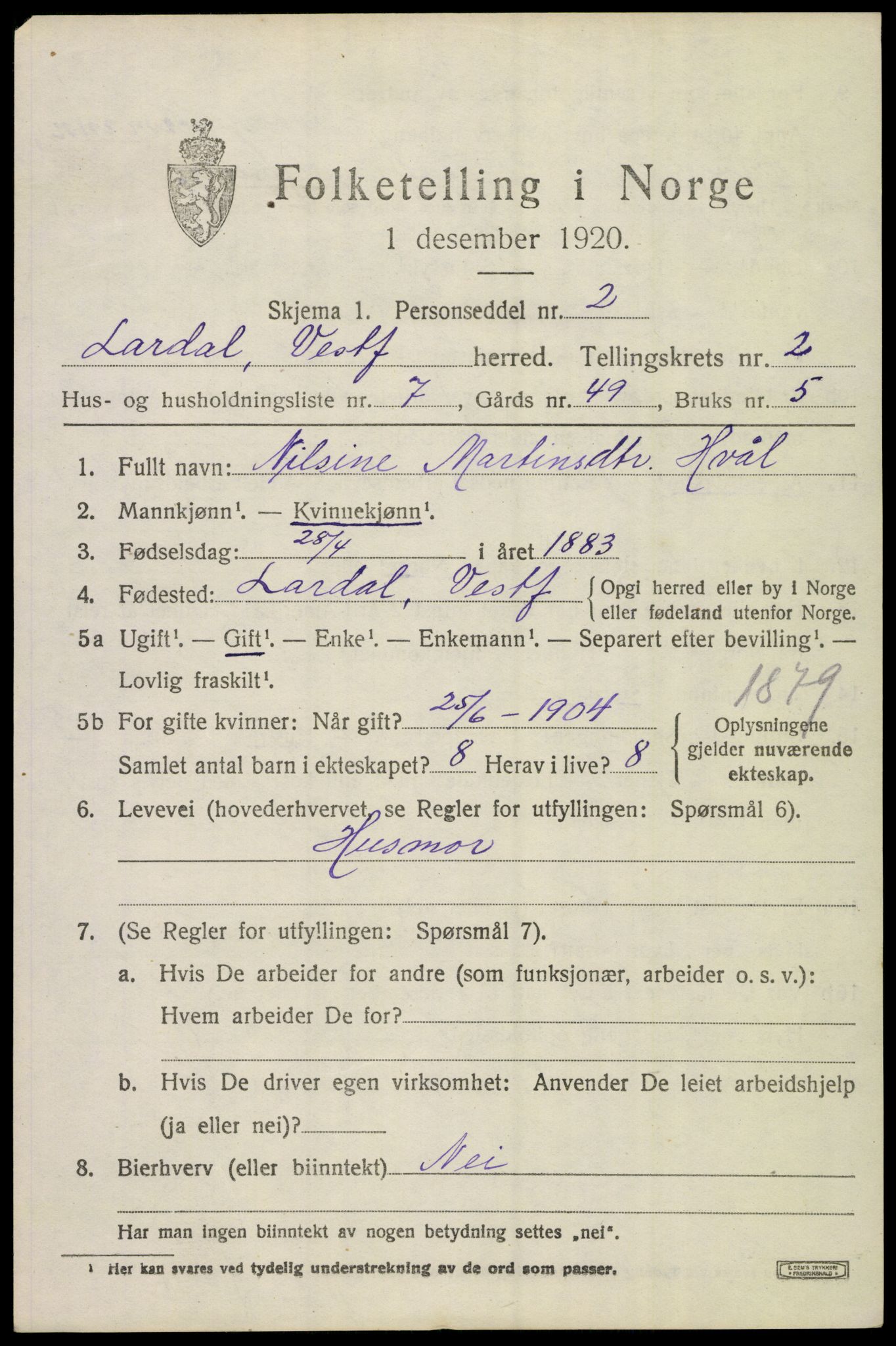 SAKO, 1920 census for Lardal, 1920, p. 2023