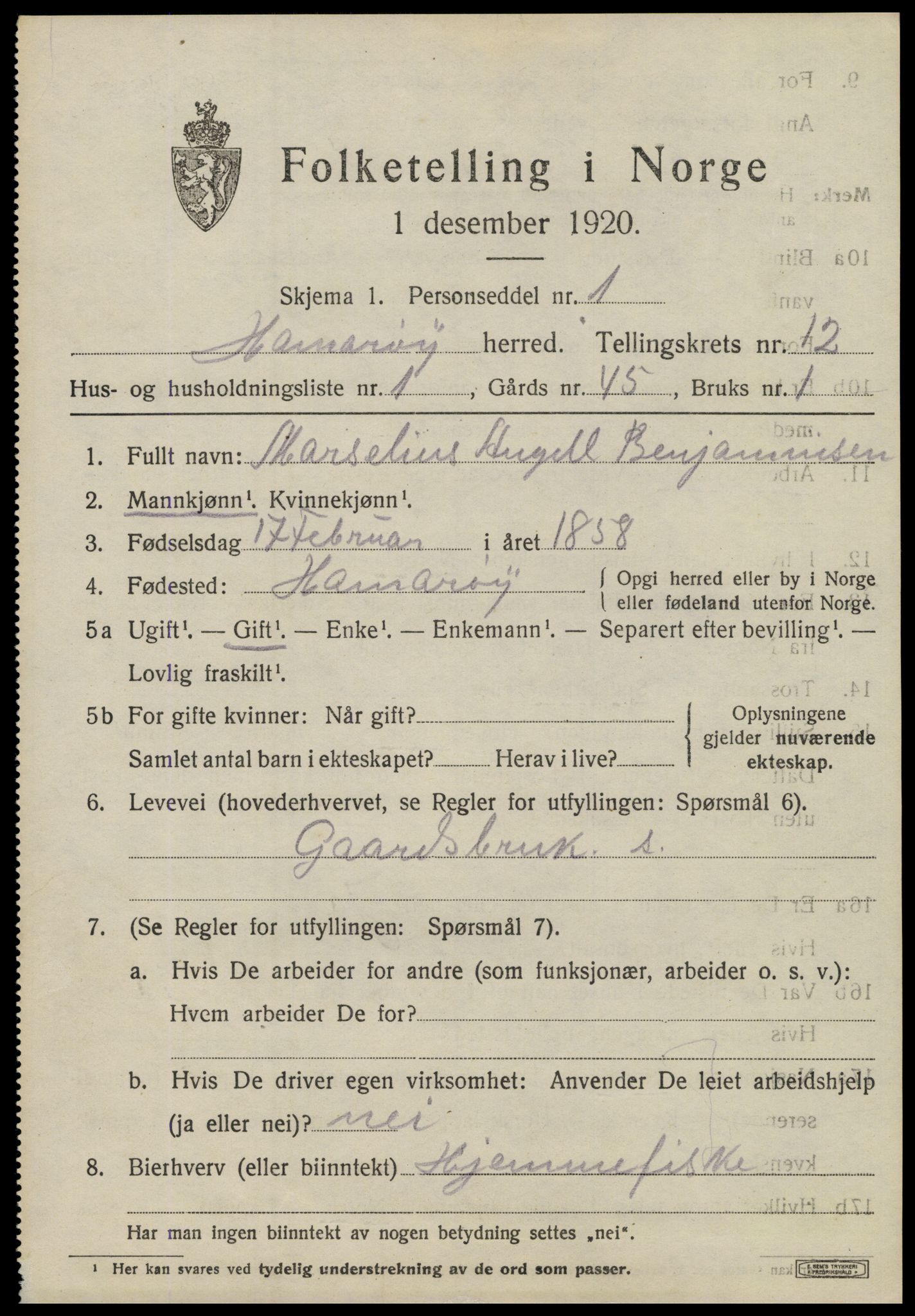 SAT, 1920 census for Hamarøy, 1920, p. 5674