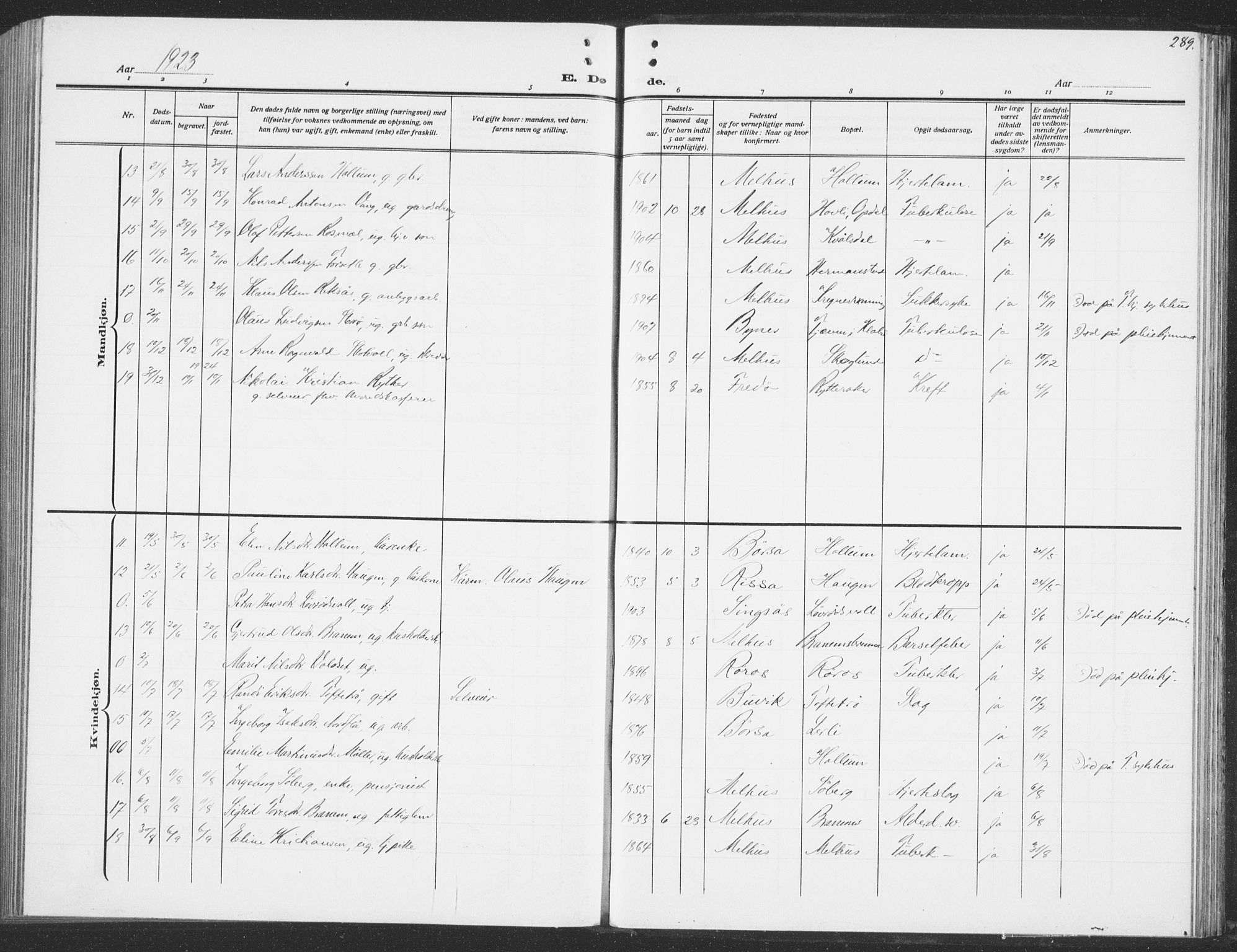 Ministerialprotokoller, klokkerbøker og fødselsregistre - Sør-Trøndelag, AV/SAT-A-1456/691/L1095: Parish register (copy) no. 691C06, 1912-1933, p. 289